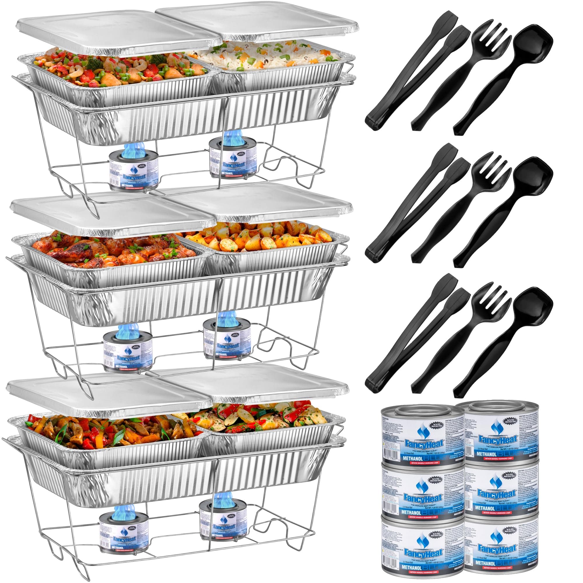 Disposable Chafing Servers with Covers - (33pc) Buffet Set Includes Full-Size Wire Stand & Fuel cans, Pans Utensils and Warmers for Parties Catering