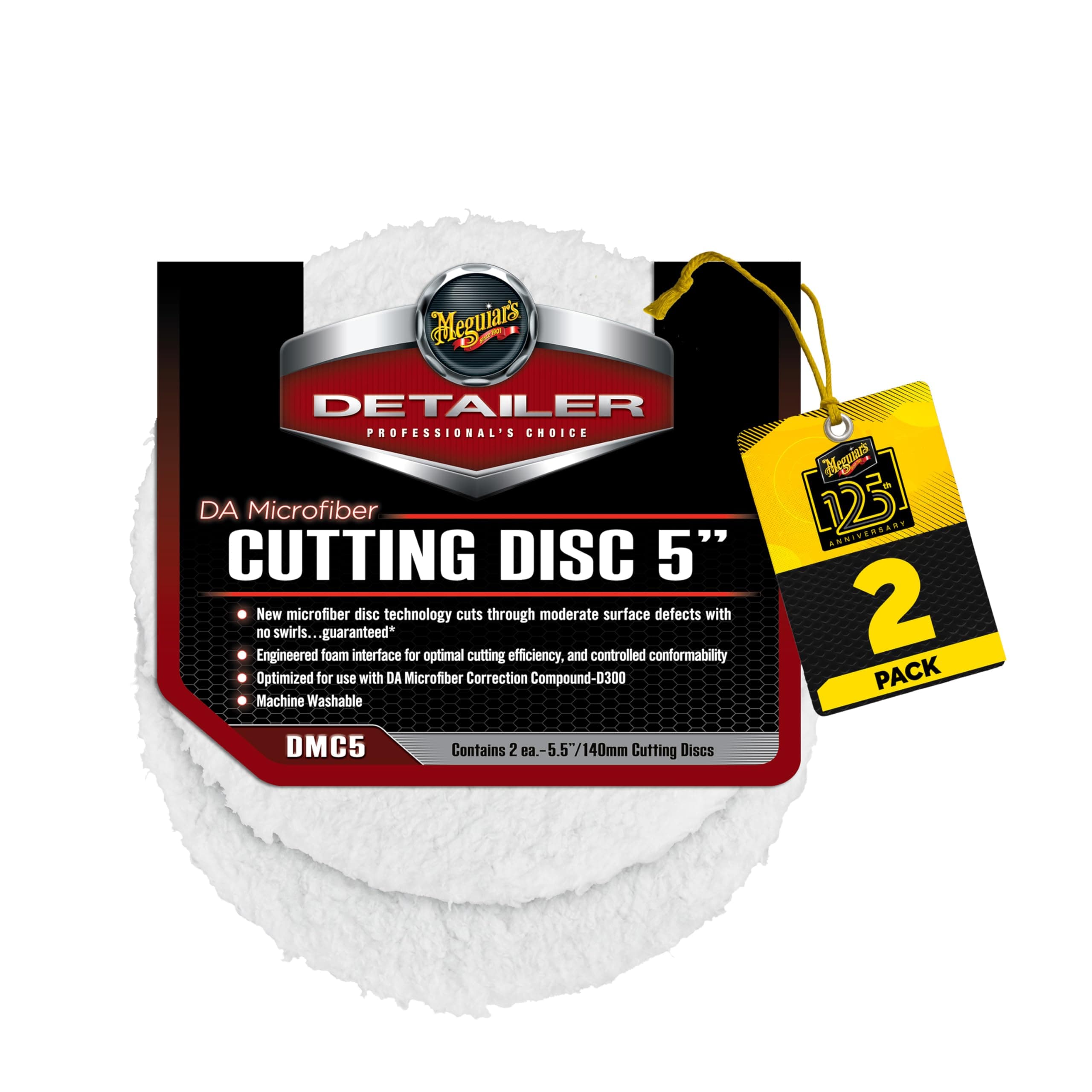 Meguiar's DA 5’’ Microfiber Cutting Disc, Microfiber Pads Compatible with a DA Polisher for Car Detailing, That Removes Moderate Scratches, Swirls, and Paint Defects, 2 Pack