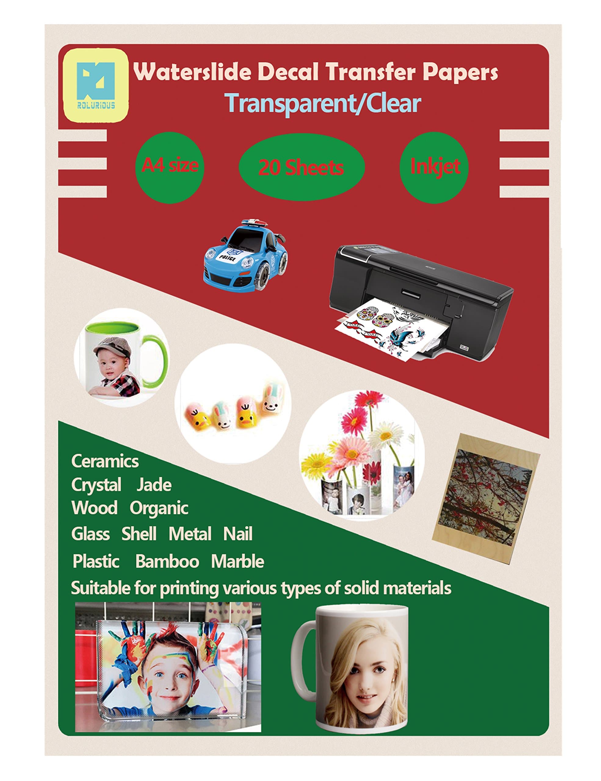 20 Sheets A4 Size Inkjet Water Slide Decal Paper Sheets Transparent Clear
