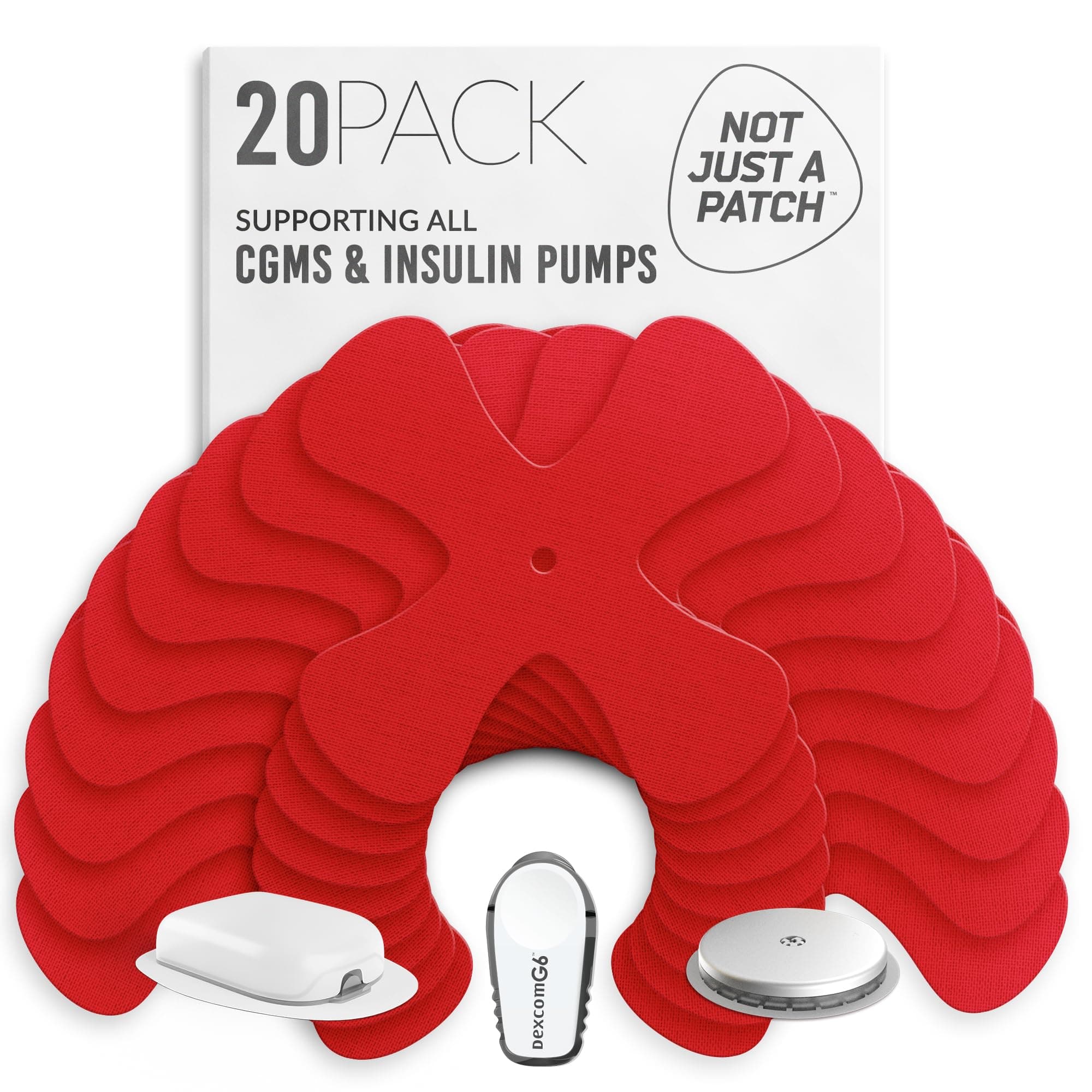 X-Patch CGM Sensor Patches (20 Pack) - Water Resistant Omnipod 5 Adhesive Patches - Durable for Active Lifestyle for 10-14 Days - Compatible with Dexcom G6, Libre 2 in Red