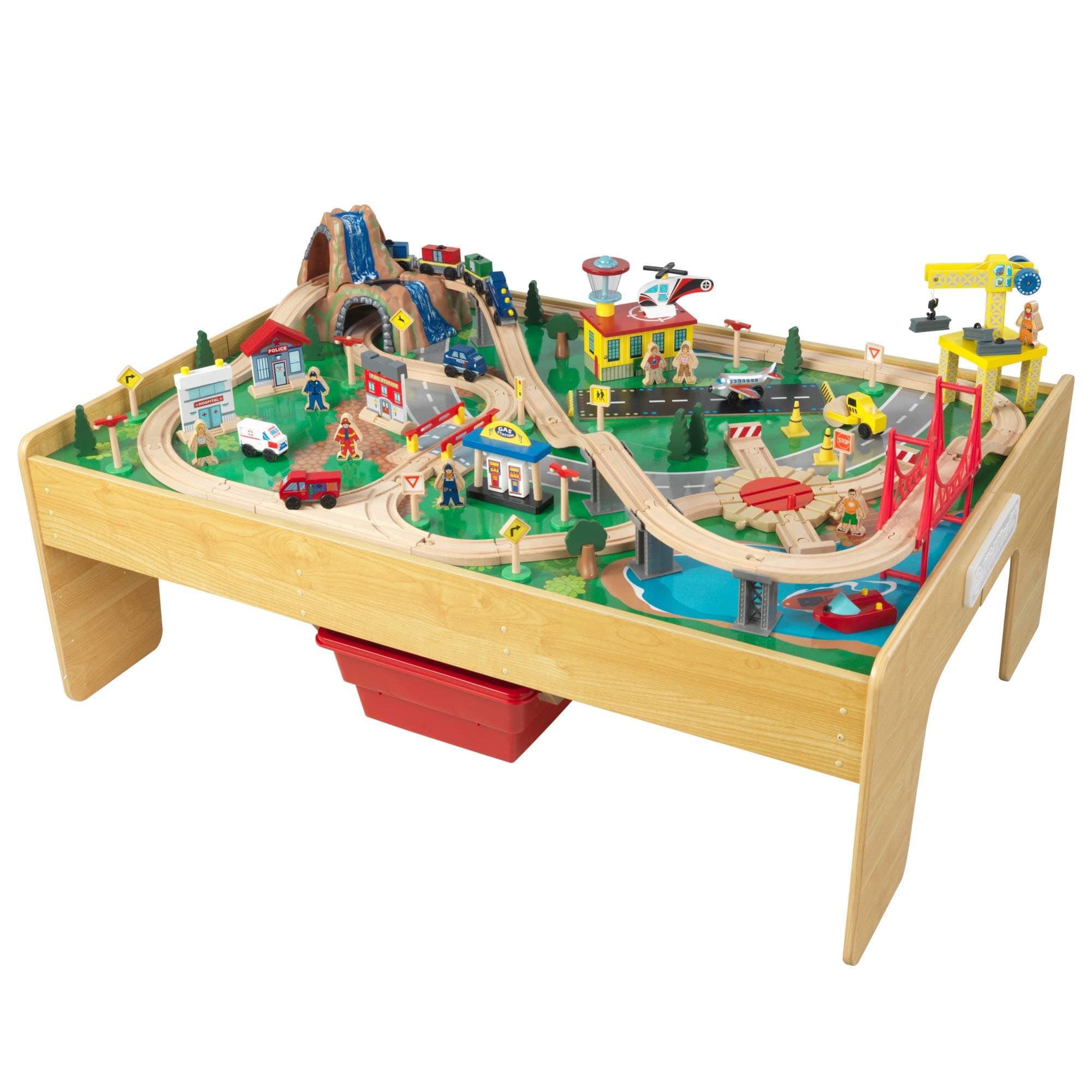 KidKraft Adventure Town Wooden Train Table With Storage Boxes, Train Track Set With Wooden Toy Cars, Crane, Helicopter, Airplane And Accessories Included, Kids' Toys, 18025