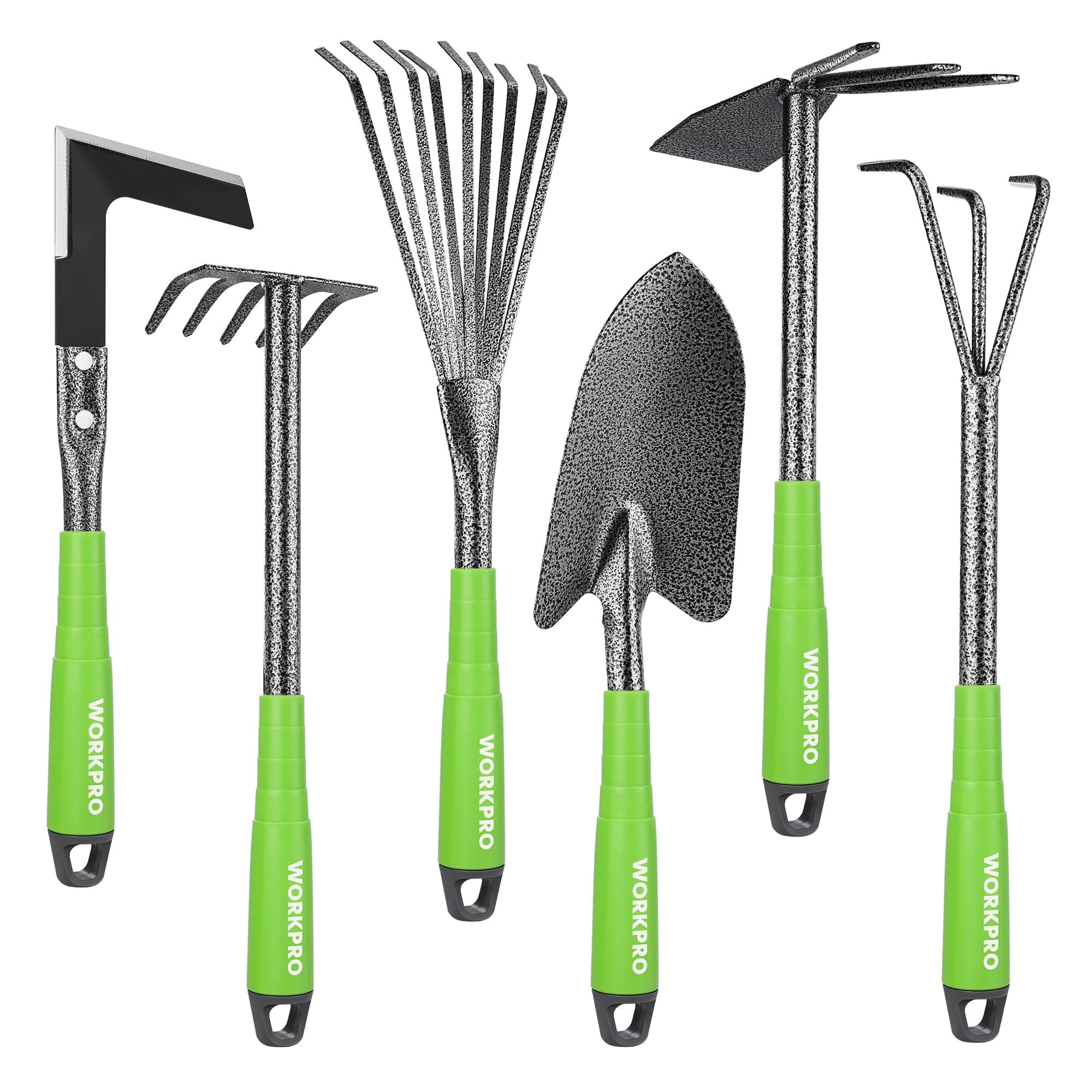 WORKPRO 6-Piece Garden Tool Set with Dual-End Hoe, Three-Pronged Claw, Five-Tooth Rake, Nine-Tooth Leaf Rake, Soil Shovel & Grass Hook, Perfect for Cultivating, Weeding, and Maintaining Garden