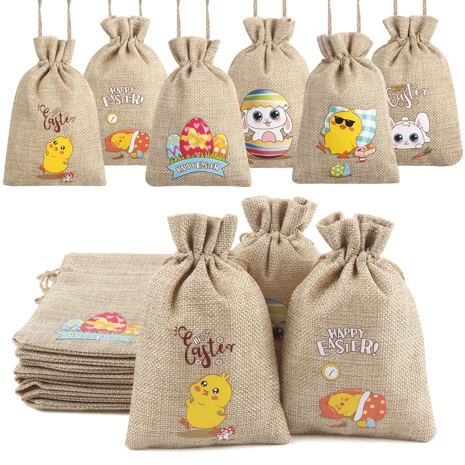 LOKIPA 12 Easter Jute Burlap Gift Bags with Drawstring,Small Easter Gift Bag for Sweet to Easter Presents