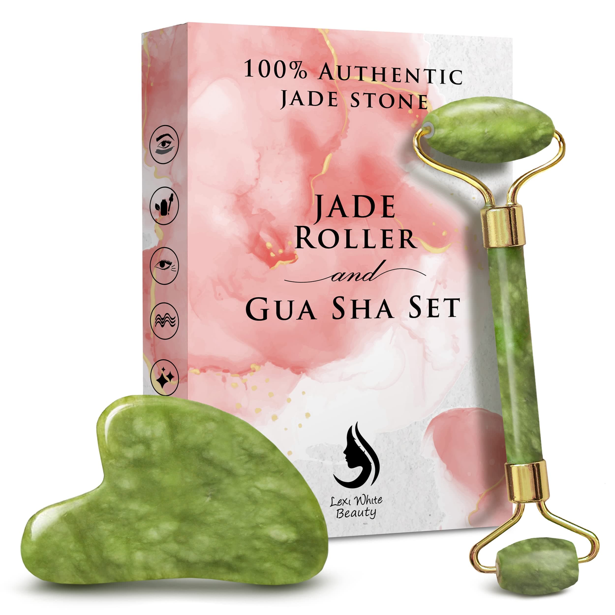 Jade Roller and Gua Sha Set for Face | 100% Authentic Natural Jade Gua Sha 2 in 1 Face Roller | Premium Skincare, Original Gua Sha Facial Tools, GuaSha Face Massager Guasha Tool for Face (Green)