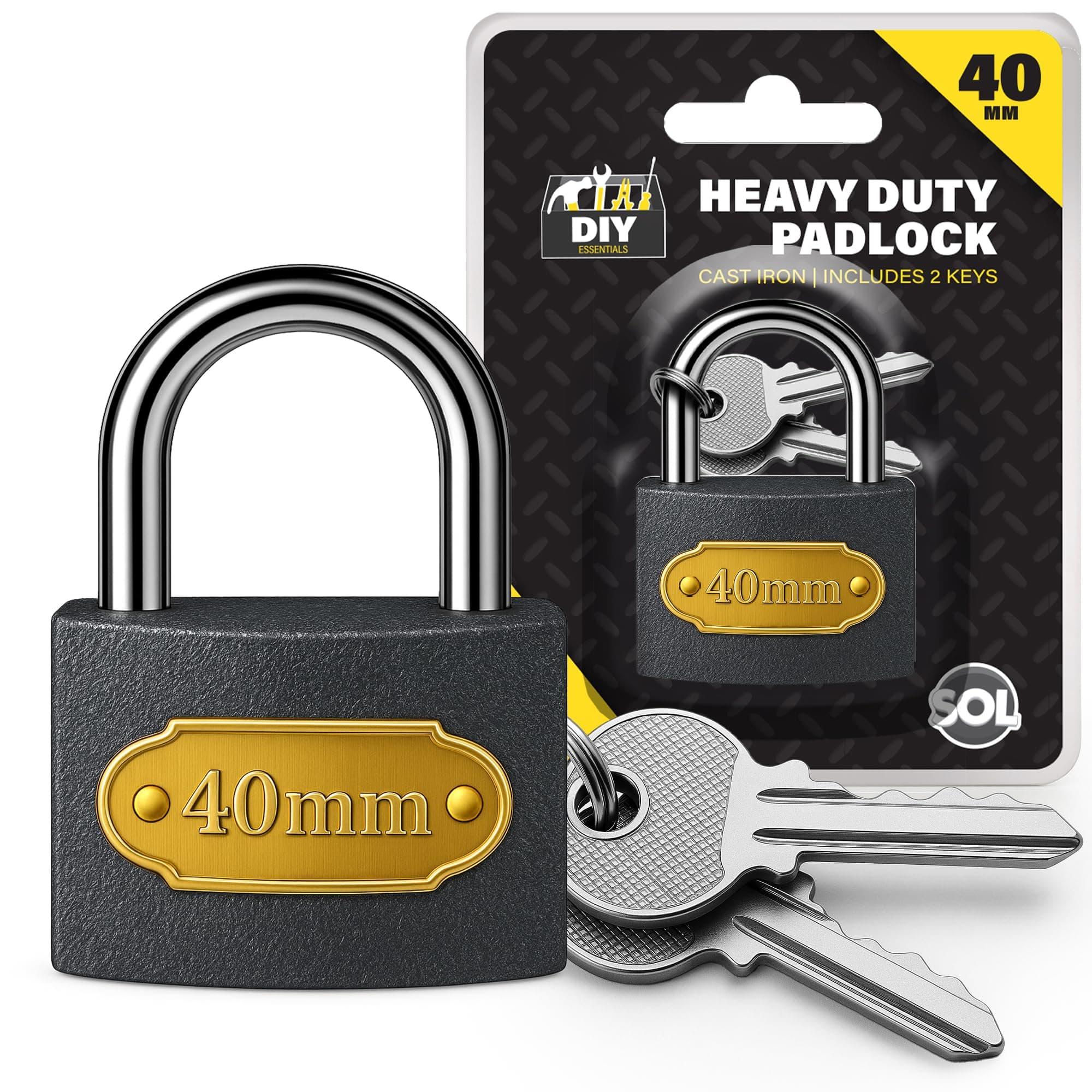 SOL 2 Heavy Duty Padlock 40mm, Padlocks with Keys, Padlocks Outdoor Heavy Duty, Pad Lock Ideal for Shed, Fence, Garage, Padlock Locks with Keys