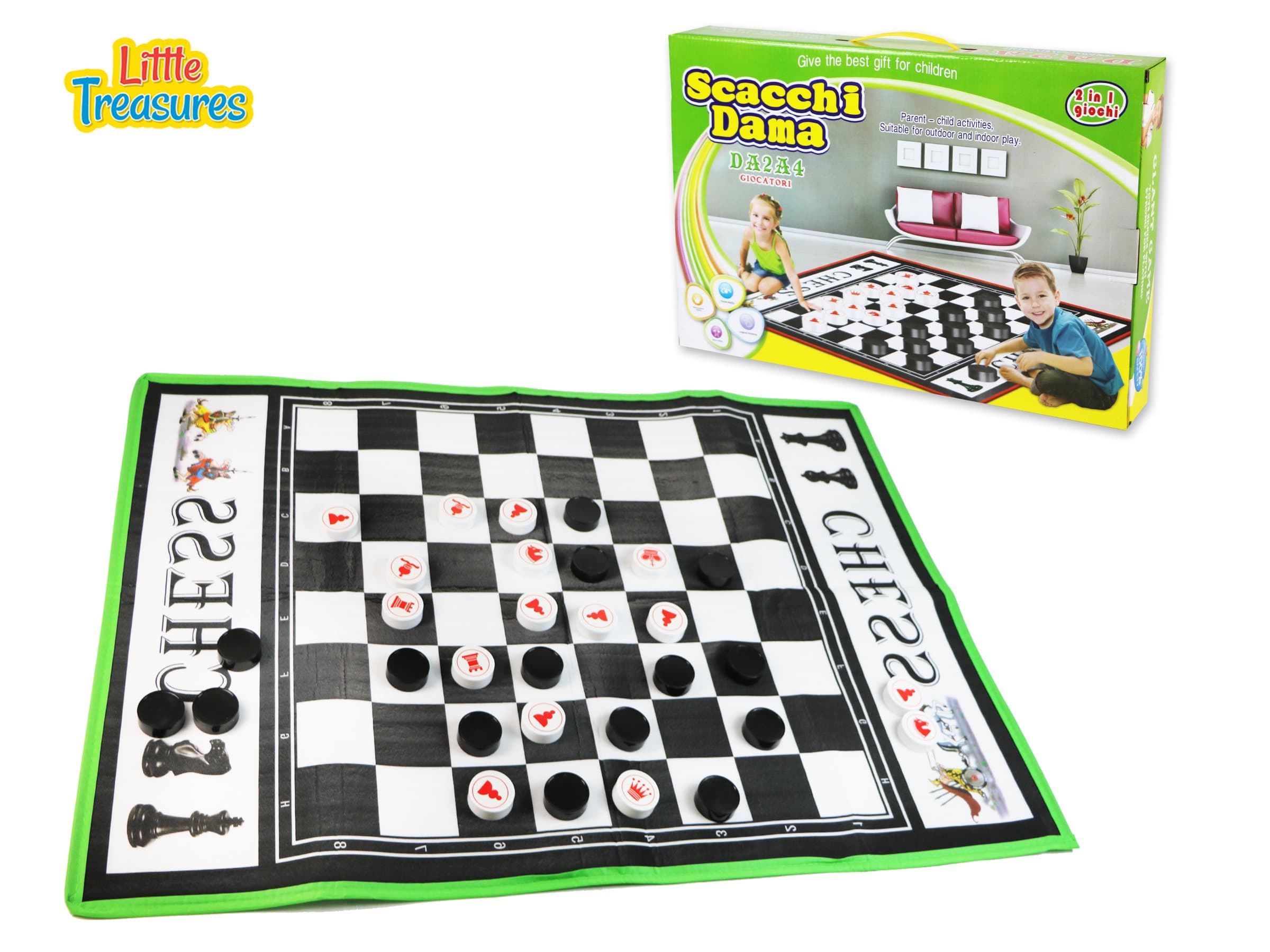 Scacchi DAMA is a 2 in 1 Chess Starter Game Set for Kids 3 Plus a Giant Board Game for Indoor and Outdoor Play Time.