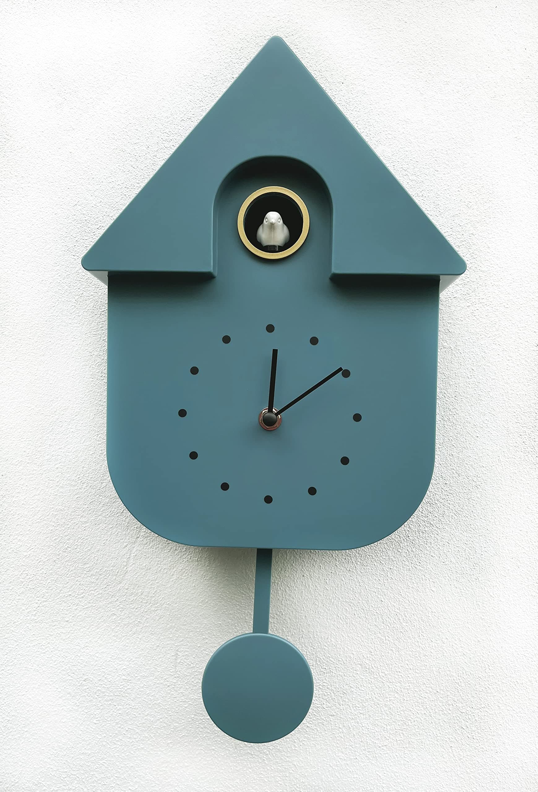 SPRING LIFE Cuckoo Clock Wall Chalet-Style Modern Design with bird tweeting sound in 3 colours (Grey blue), 29.5x21.5x8.5