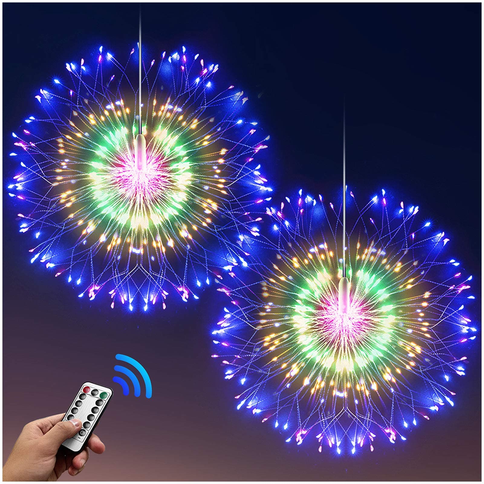 DenicMicFirework Lights Starburst Lights 200 LED Copper Wire Battery Operated Hanging Sphere Lights with Remote, 8 Modes Stars Fairy Ceiling Decorations for Patio Party Wedding Christmas (2 Pack)