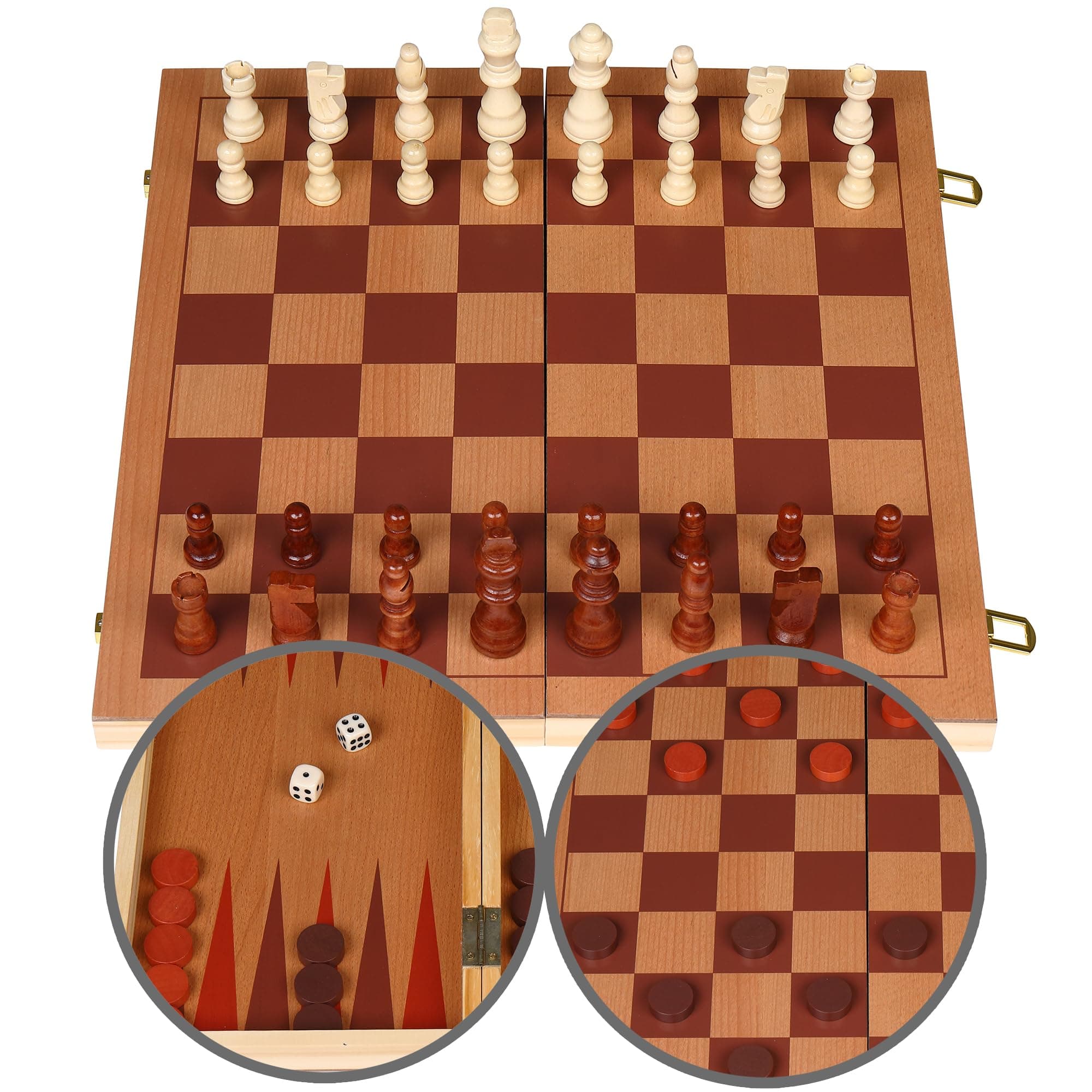 Sterling Games Chess, Checkers, Backgammon Game 3 in 1 Combo Set | 15 inch Wooden Folding Chess Board Game Set for Kids and Adults