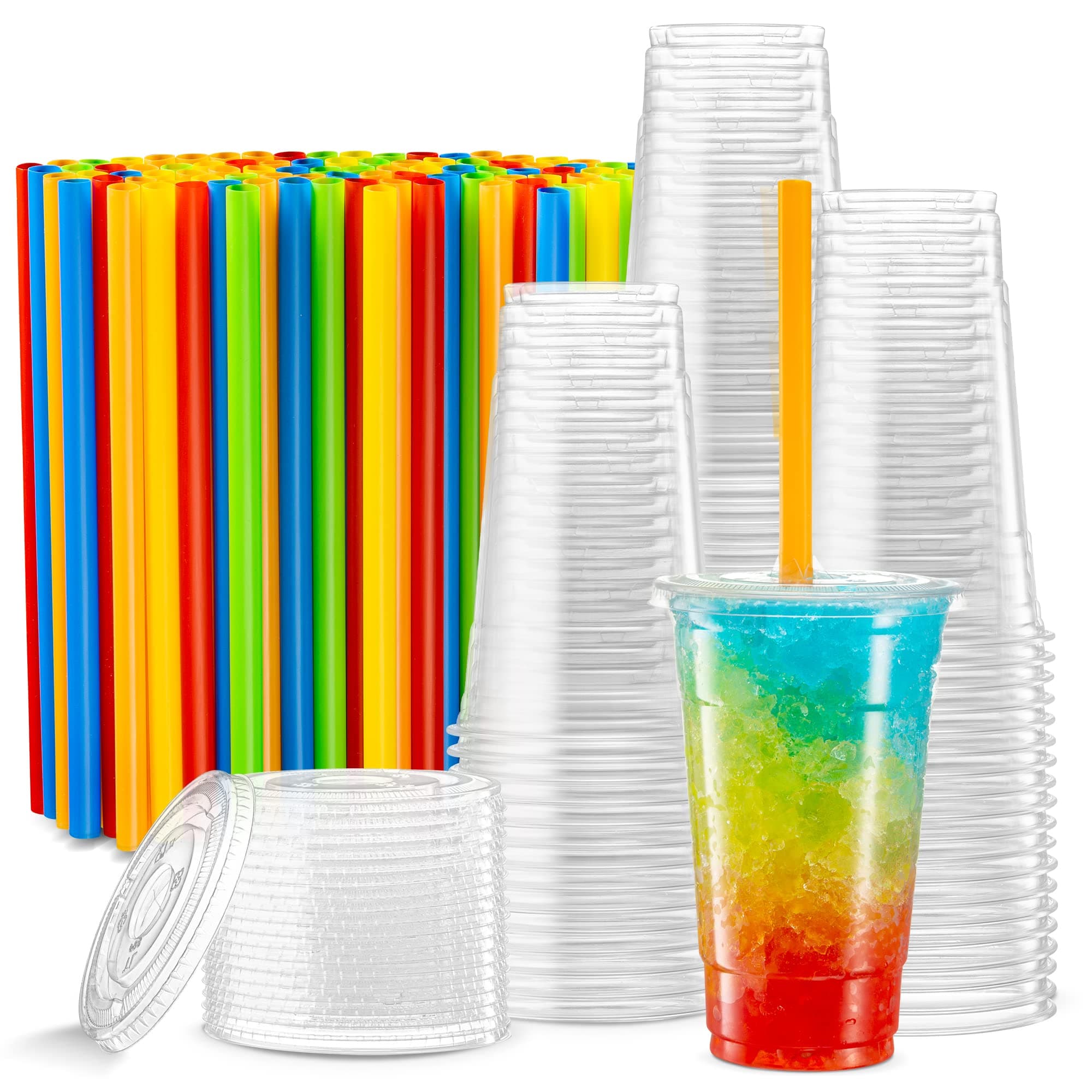[40 Sets - 24 Oz] Crystal Clear PET Plastic Cups With Flat lids & Straws for Iced Coffee, Cold Drinks, Milkshake, Slush Cup, Smoothy's, Slurpee, Party's, Plastic Cups