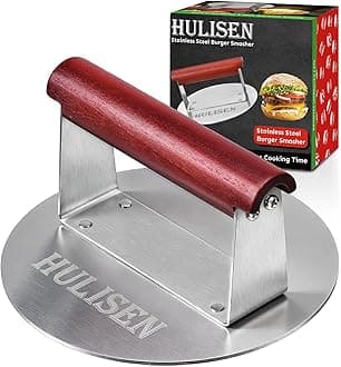 HULISEN 6.2" Stainless Steel Smashed Burger Press with Extra Wide Heat-Resistant Wood Handle, Burger Smasher for Flat Top Griddle, Grill, Skillet, Cast Iron Pan, Hamburger Cooking Accessories