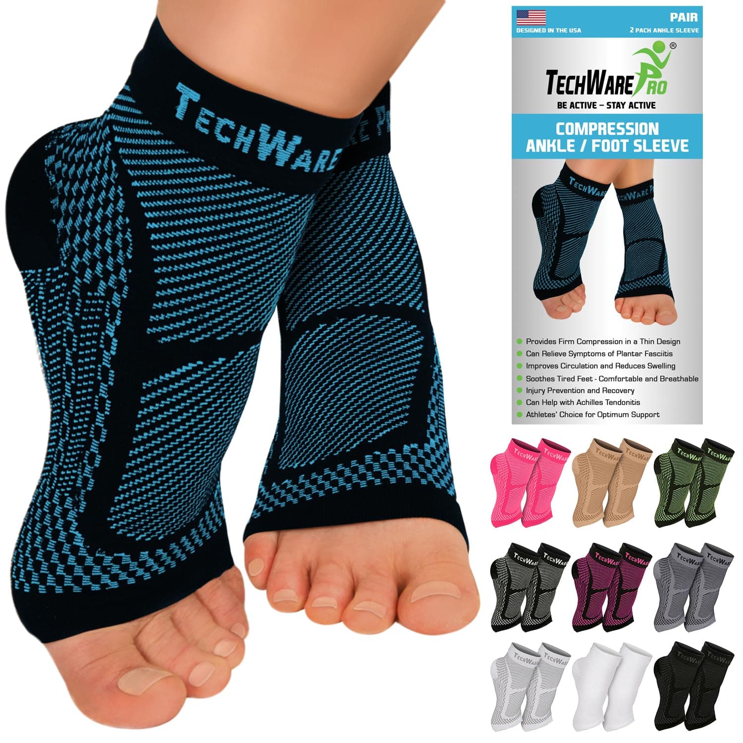 TechWare Pro Ankle Brace Compression Sleeve - Plantar Fasciitis Sock. Relieves Achilles Tendonitis. Foot Arch Support Reduces Joint Pain, Swelling & Heel Spur Pain. Injury Recovery Braces for Sports