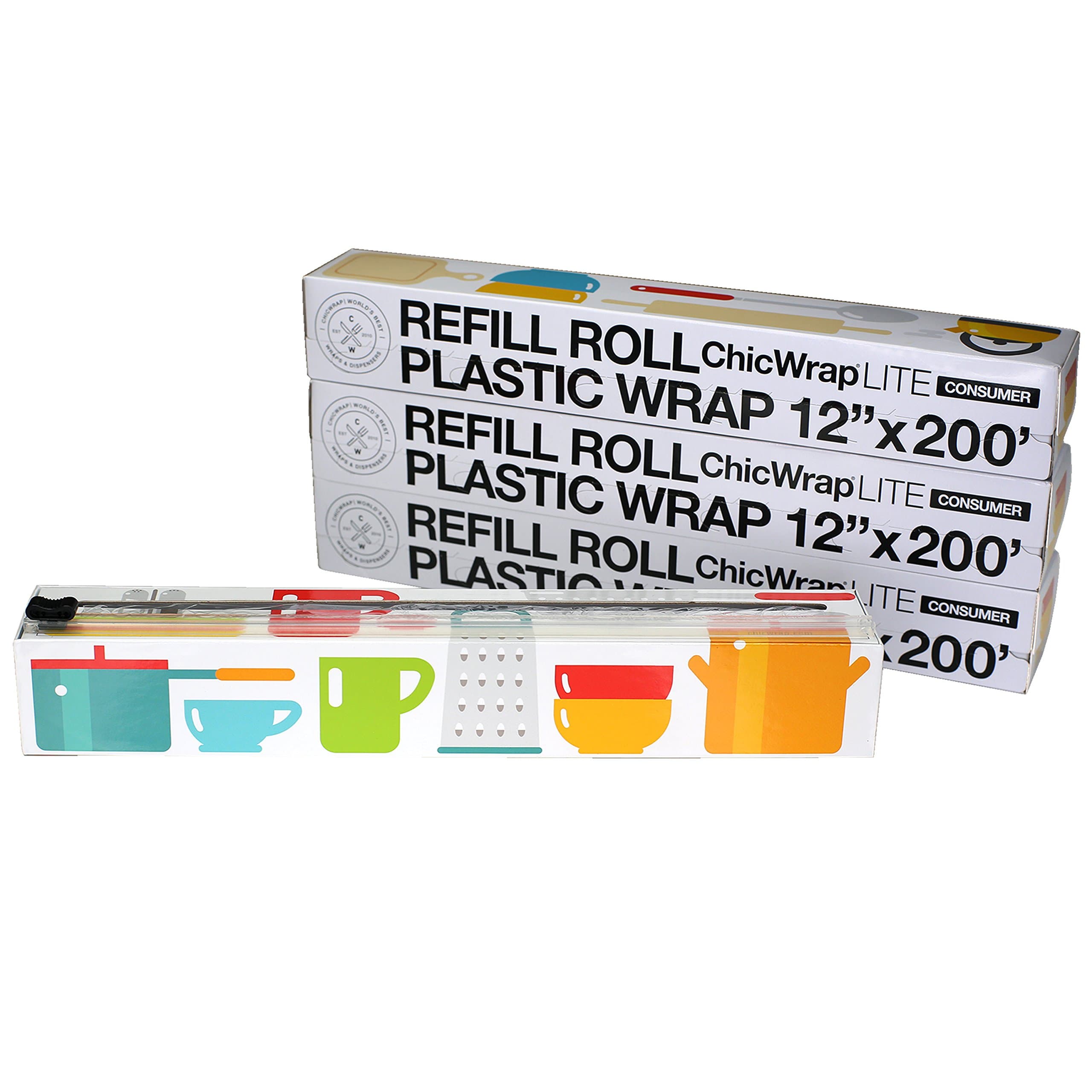 ChicWrap Lite Plastic Wrap Dispenser and 3 Refill Rolls of 12" x 200" Consumer Grade Plastic Wrap - Reusable with Slide Cutter - BPA Free