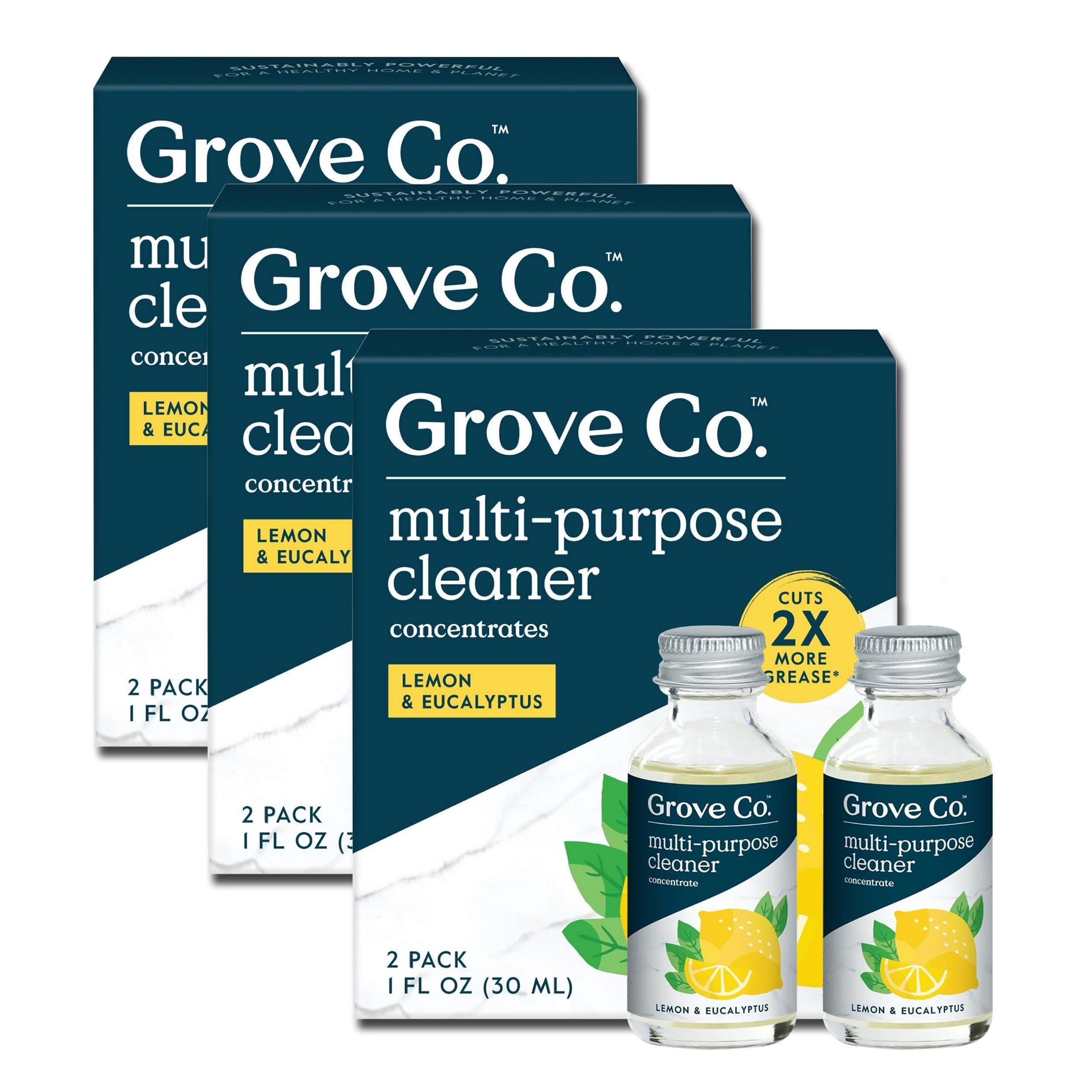 Grove Co. Multi-Purpose Cleaner, Refill Concentrate (6 x 1 Fl Oz) Plant-based Household Cleaning Supplies, Ammonia & Chlorine Free, No Plastic Waste, Lemon & Eucalyptus Scent, Total 3 x 2 Pack Refills