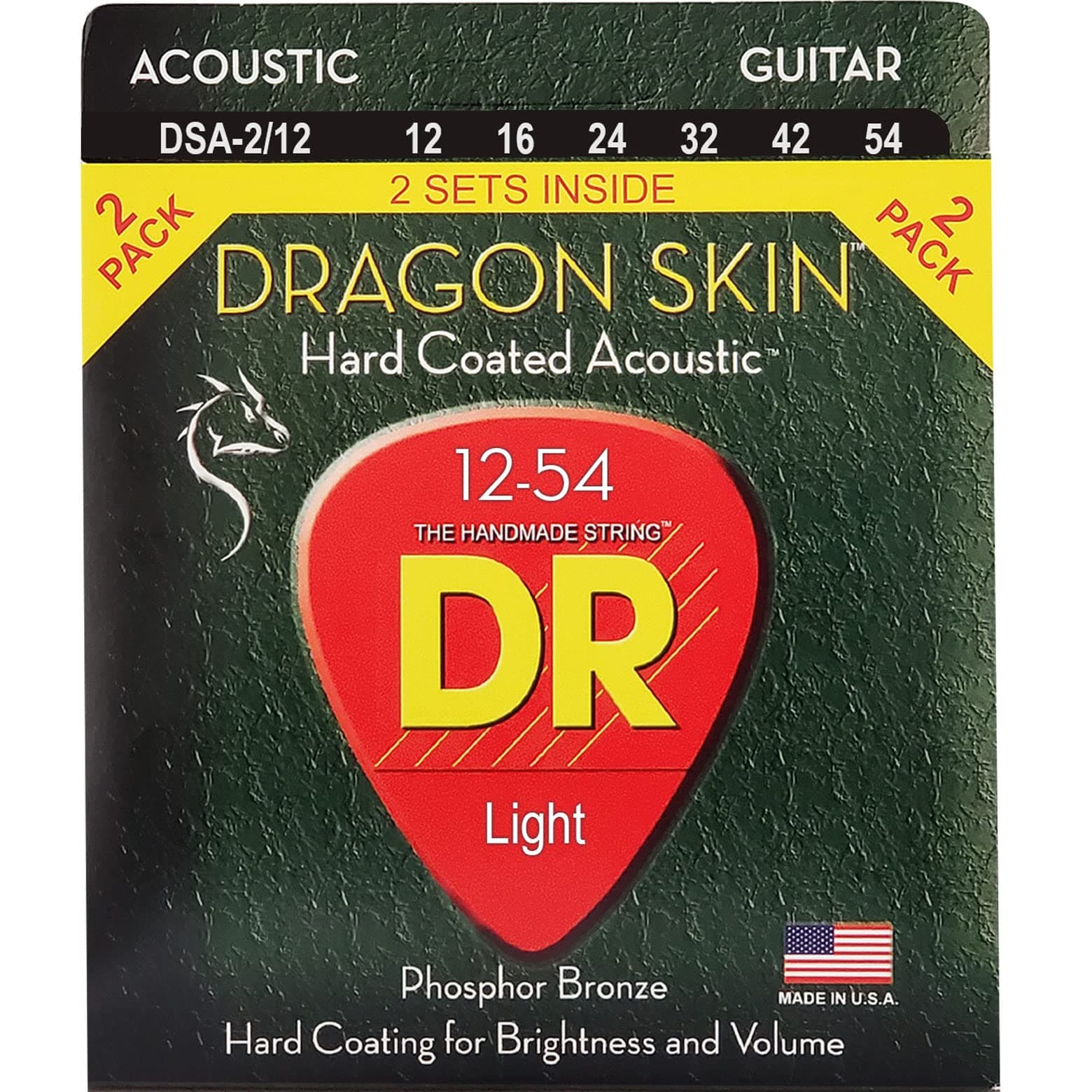 DR Strings DSA-2/12 Coated Phosphor Bronze Acoustic Guitar Strings, Light