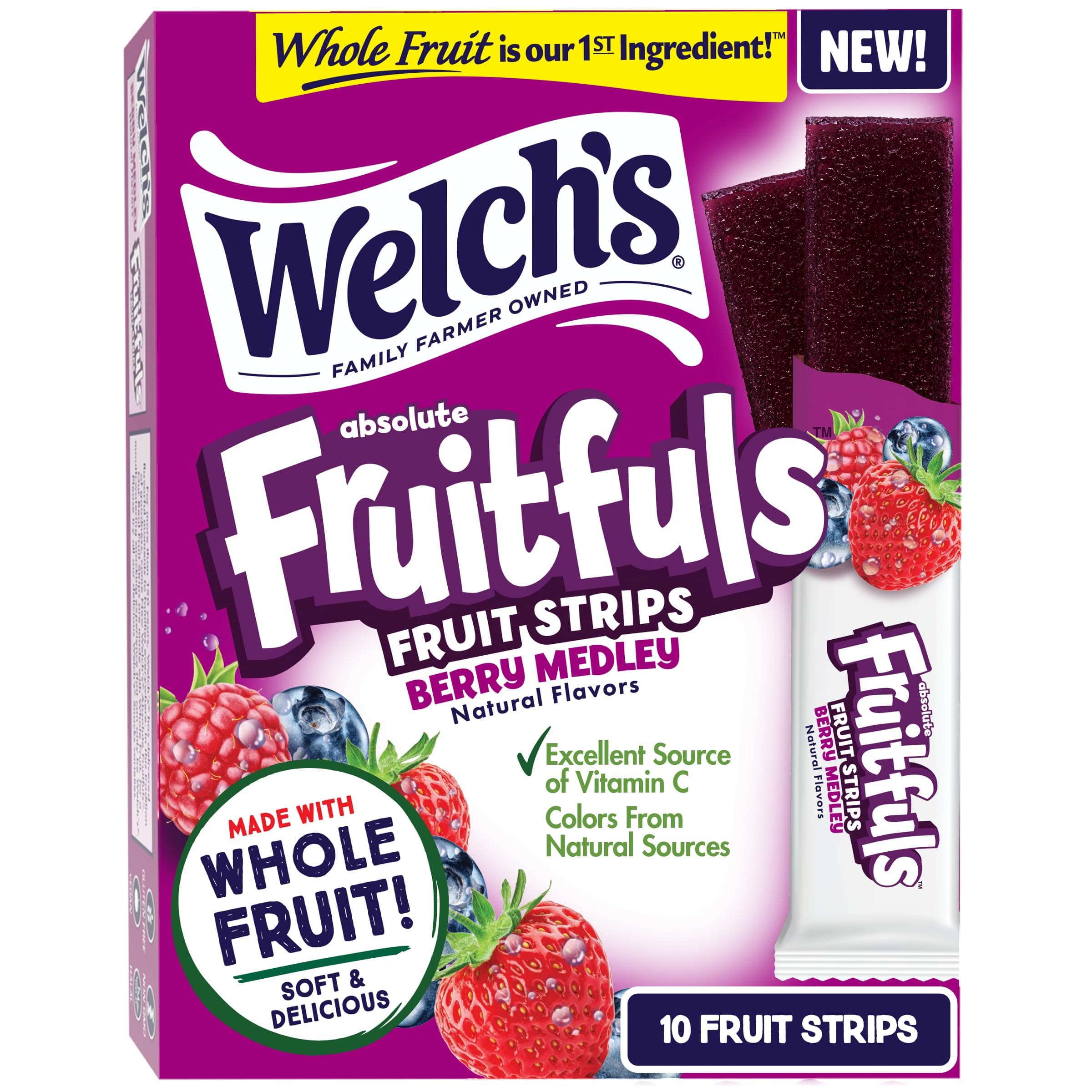 Welch's Absolute Fruitfuls Fruit Strips, Tasty Dried Fruit Snacks for School Lunches, Berry Medley, 0.5oz (Pack of 10)