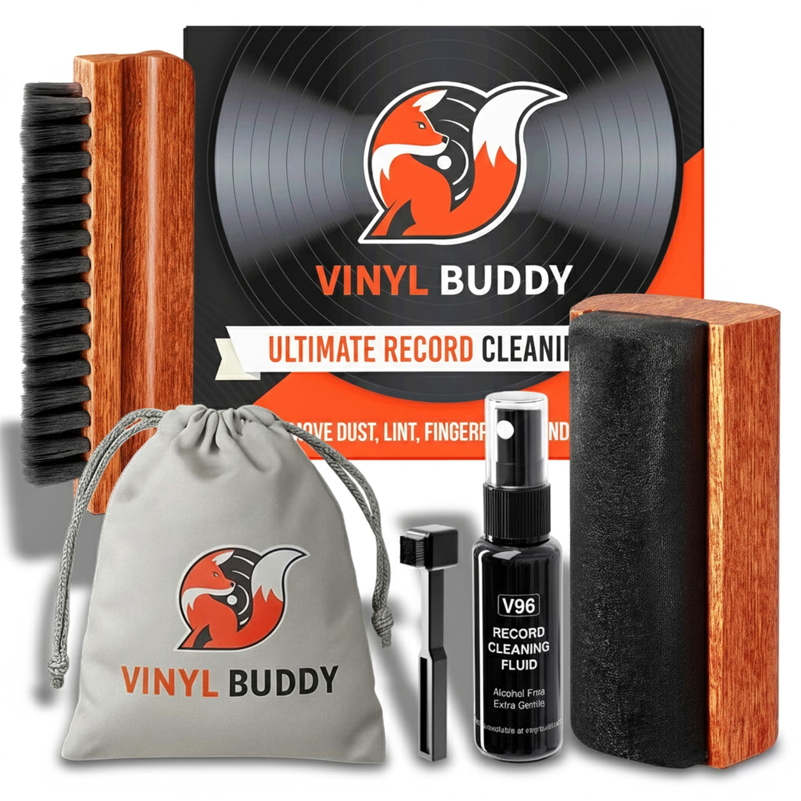 Ultimate 5-Piece Vinyl Record Cleaning Kit | Includes: Record Cleaner – Velvet, Microfiber & Stylus Brush | Made from Premium Hardwood – Clean, Protect & Restore Your LPs