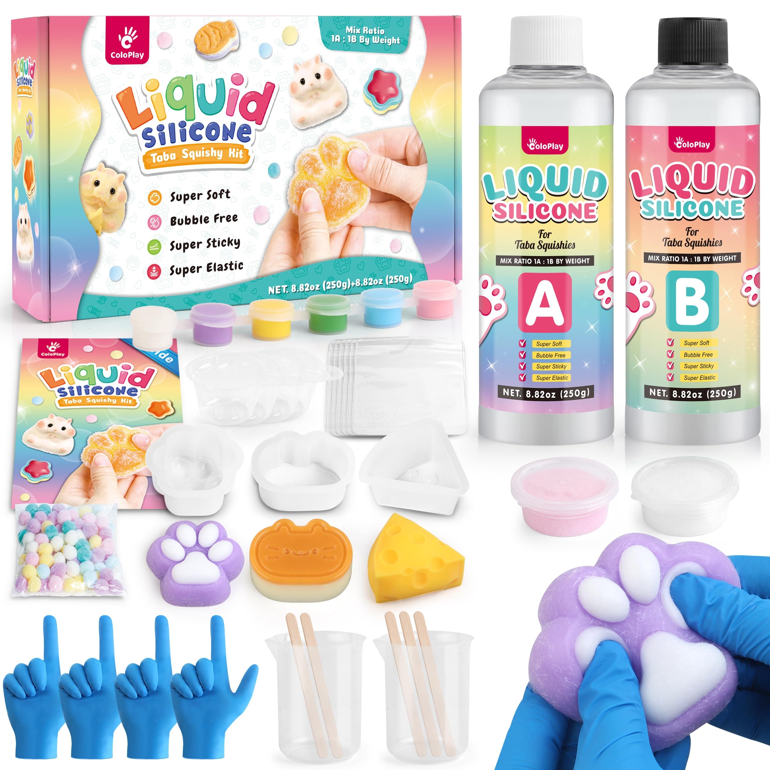 Taba Squishy Kit - 18OZ Rubber with Guided, Bubble Free and Faster Fully Cures - FuFu Squishy Kit with Mold, Flocking Powder - Stress Relief Entertainment