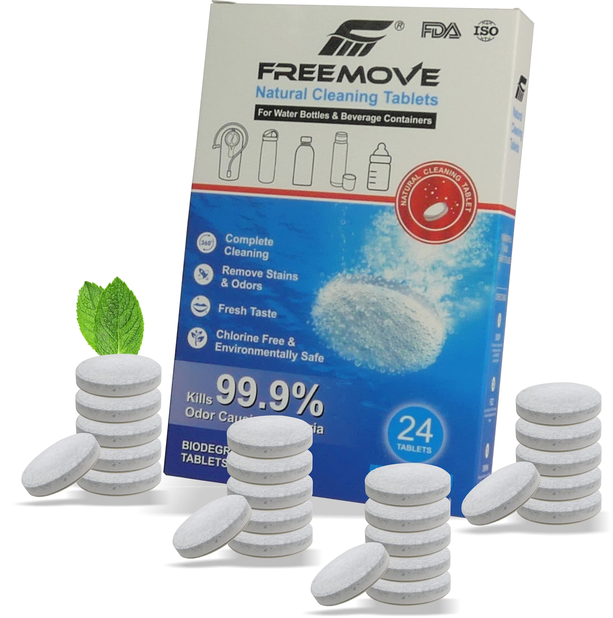 FREEMOVE Hydration Bladder & Water Bottle Cleaner Tablets - 30 Pack, All-Natural, Fast-acting, Odor & Residue Free > Effective Easy To Use Cleaning Kit For Your Water Bladders, Bottles & Hydro Flasks