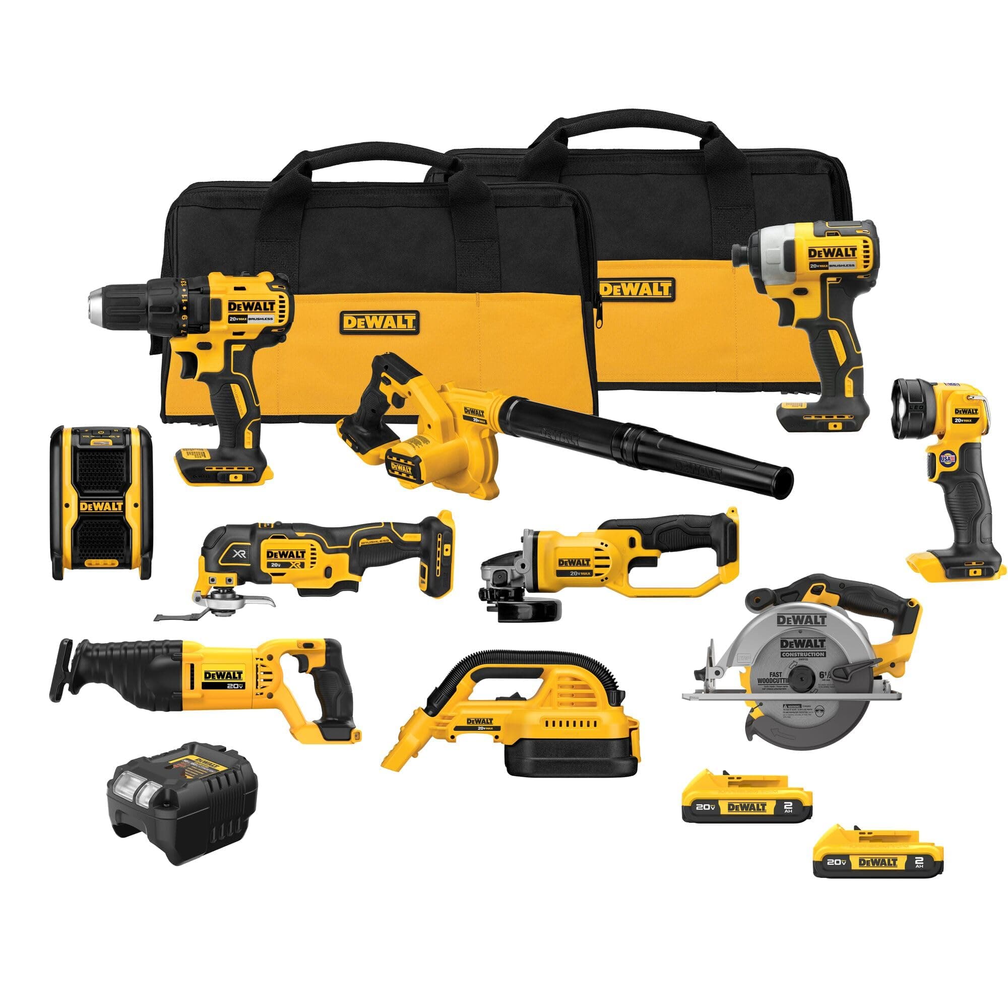 20V MAX Power Tool Combo Kit, 10 Tool Cordless Power Tool Set, 2 Batteries, Charger and 2 Bags Included, Dewalt Brushless Combo Kit (DCK1021D2)