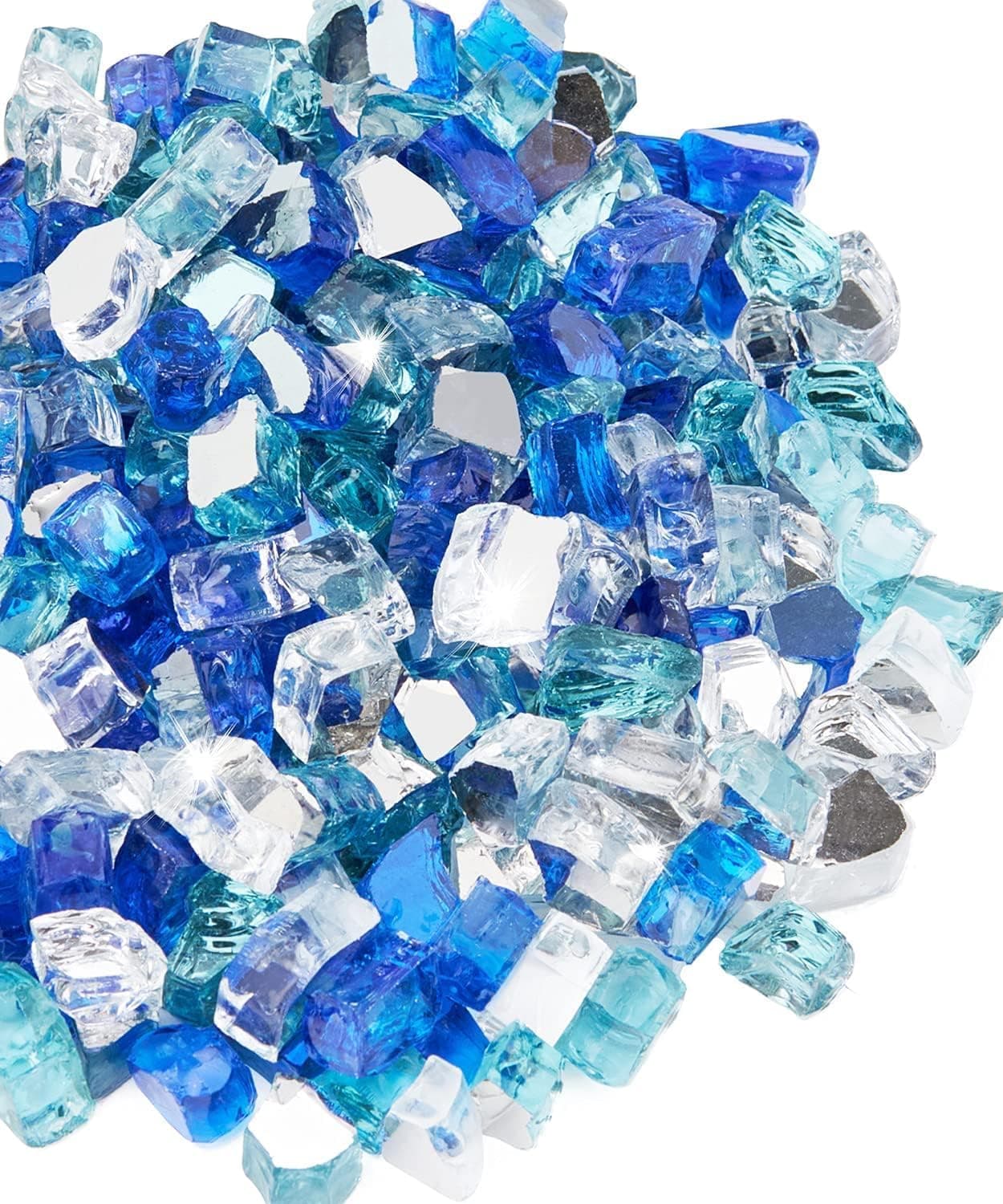NUPICK 20 Pound Fire Glass for Fire Pit, 1/2 Inch Tempered Mixed Fire Glass in Bahama Blend for Propane Fire Pit & Gas Fireplace, Blue and White Fire Glass Rock