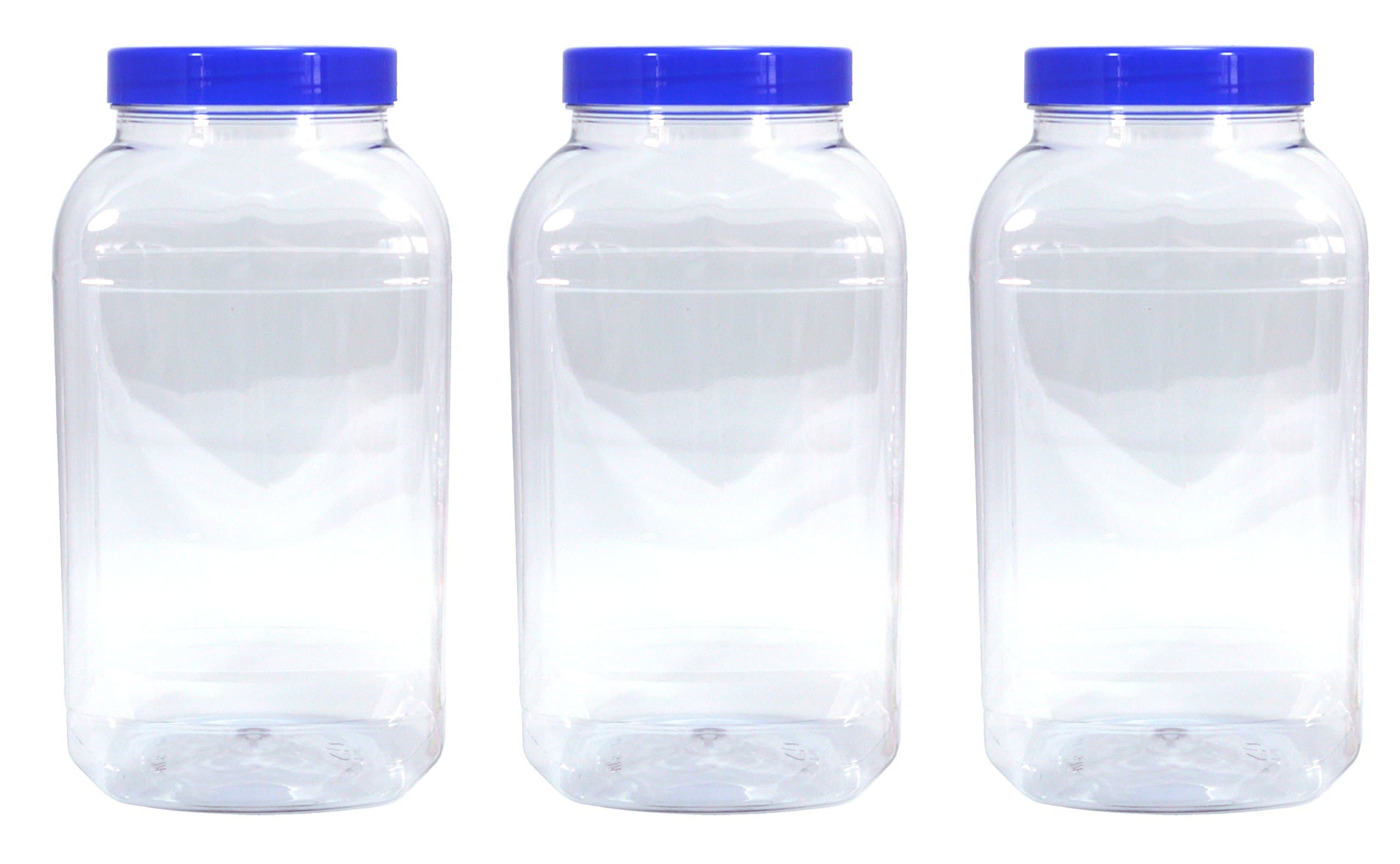 3 Large Storage Jars 4430ml with Blue Screw top lids by Britten & James. Clear Food Grade Plastic - Safe, hygienic and Attractive.