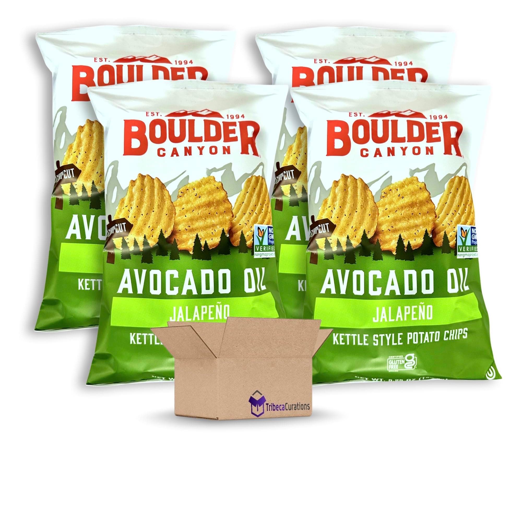 Avocado Oil Chips from Boulder Value Bundle | Tribeca Curations | Crinkle Cut, Value Pack, Gluten Free, Non-GMO, Kosher | 4 Bags | (Jalapeno)