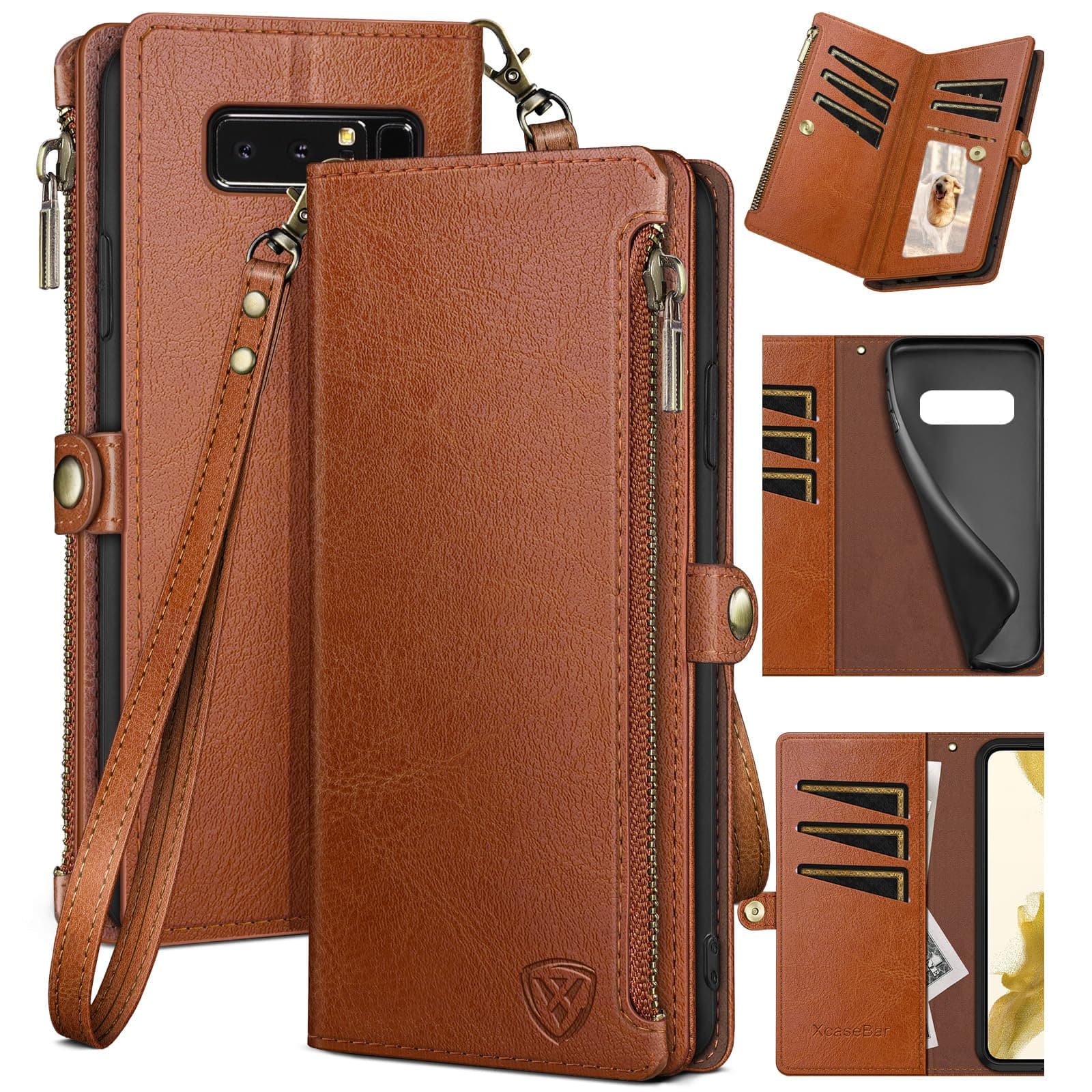 XcaseBar for Samsung Galaxy Note 8 Wallet case with Zipper Credit Card Holder【RFID Blocking】, Flip Folio Book PU Leather Phone case Shockproof Cover Women Men for Samsung Note8 case Light Brown