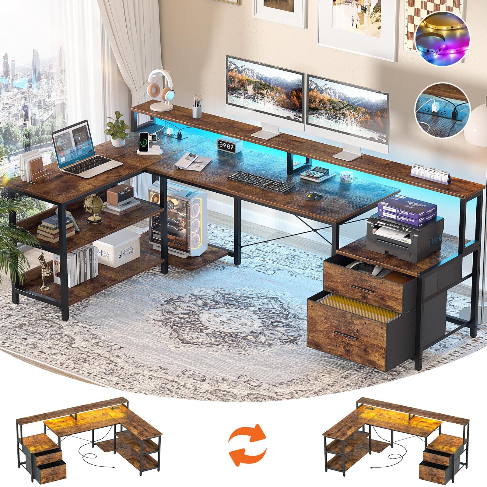 L Shaped Desk with File Drawer, 72.8" Reversible L Shaped Computer Desk with Power Outlet & LED Strip, Gaming Desks with Monitor Stand, Corner Office Desks with Storage Shelf, Rustic Brown