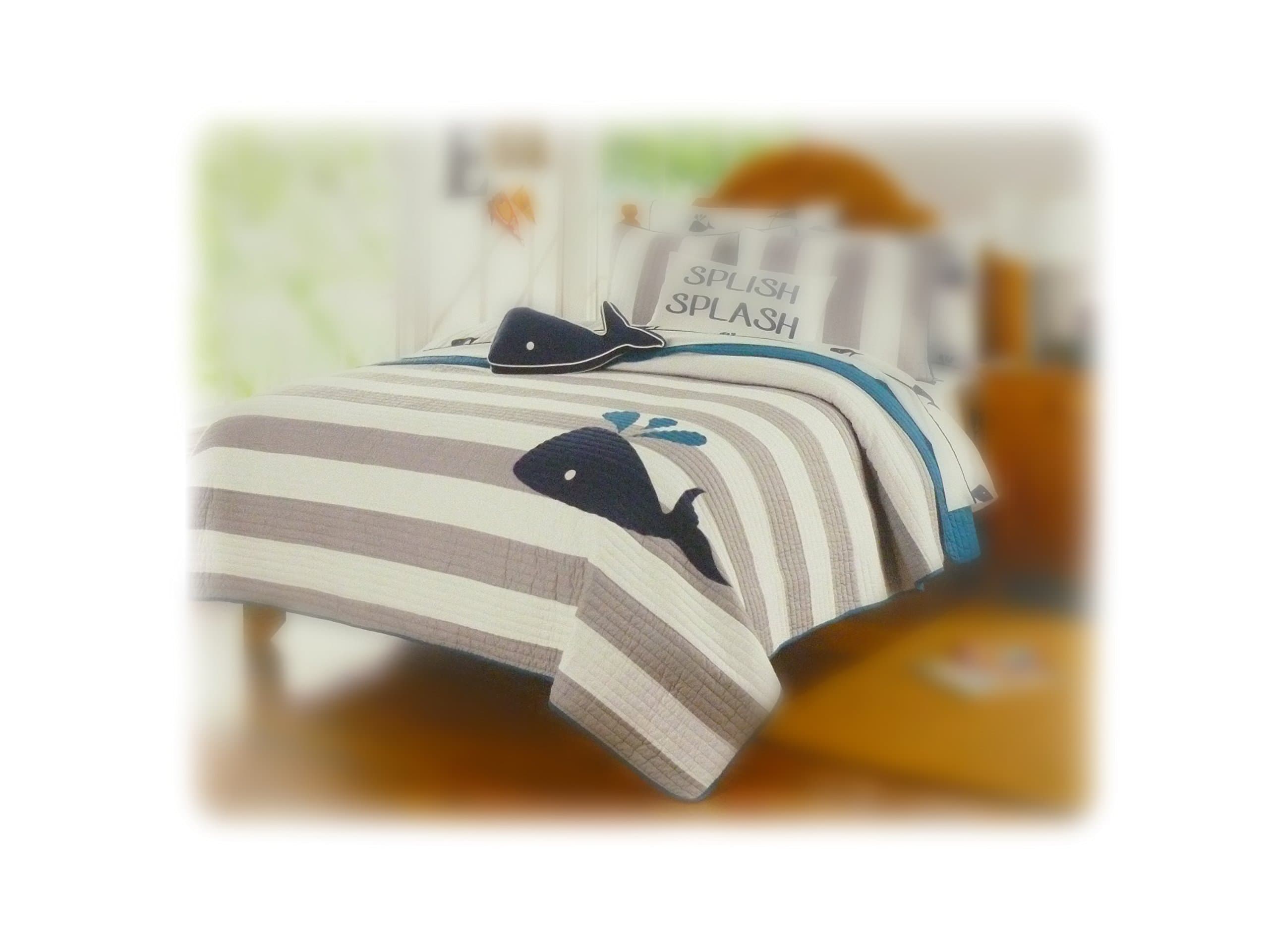 Whale Theme Print Quilt and Sham 3 Piece Bundle Set Full