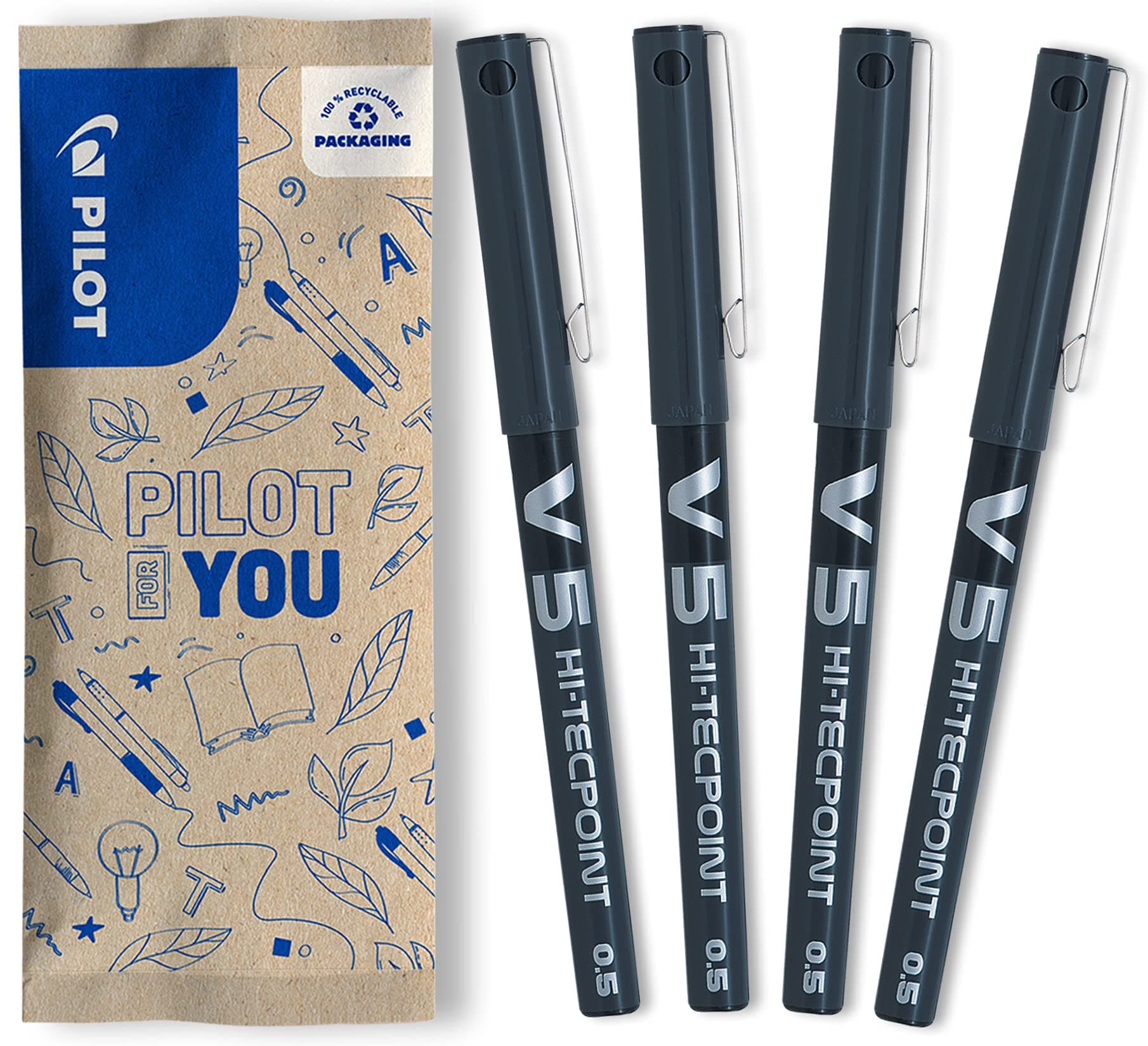 Pilot V5 Liquid Ink Rollerball 0.5mm Tip - Black, 4 Count