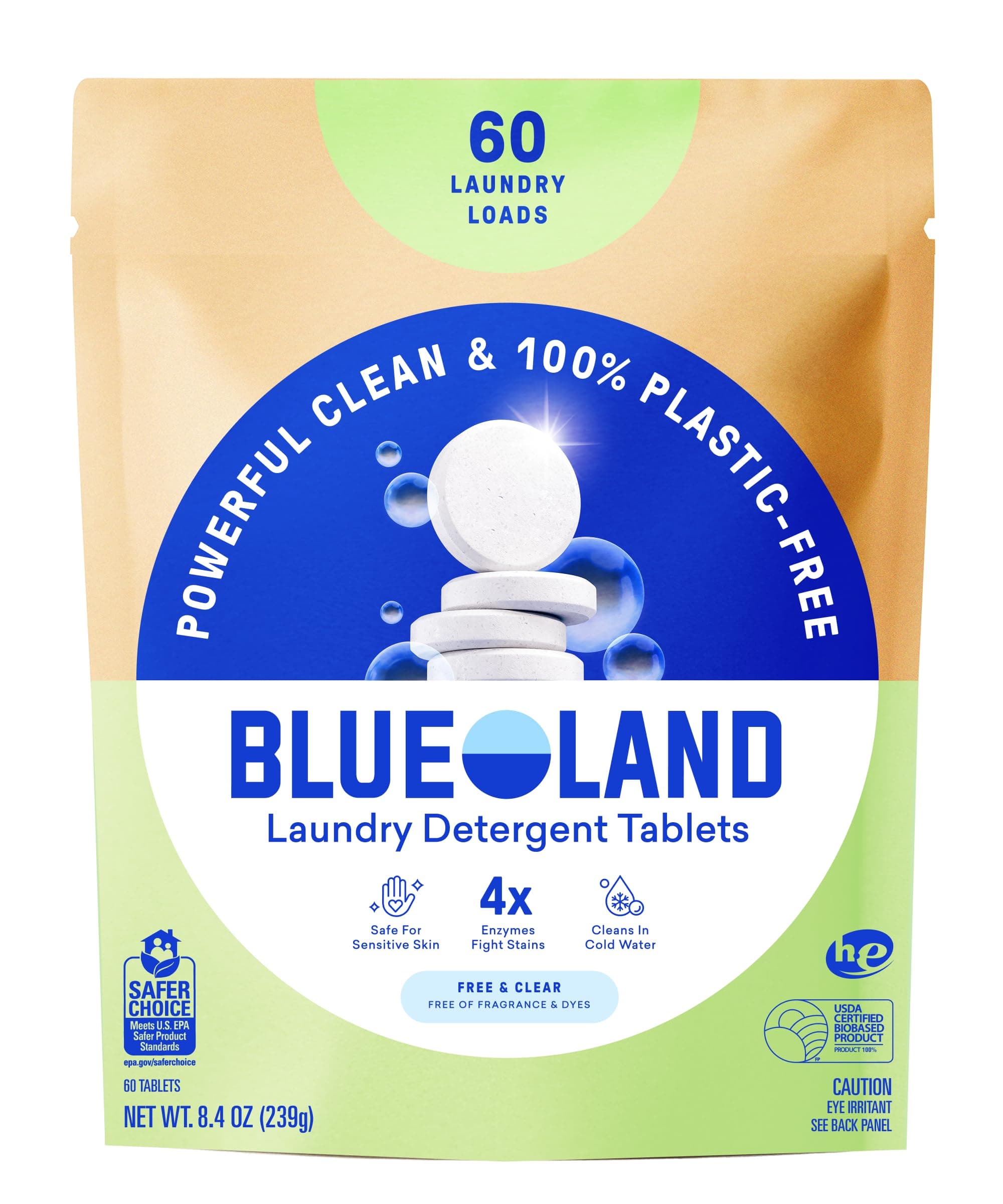 BLUELAND Laundry Detergent Tablets, 60 Count Plastic-free Alternative to Capsules, Sheets or Liquids - Natural, Sustainable, Eco-Friendly Laundry Detergent in Bag