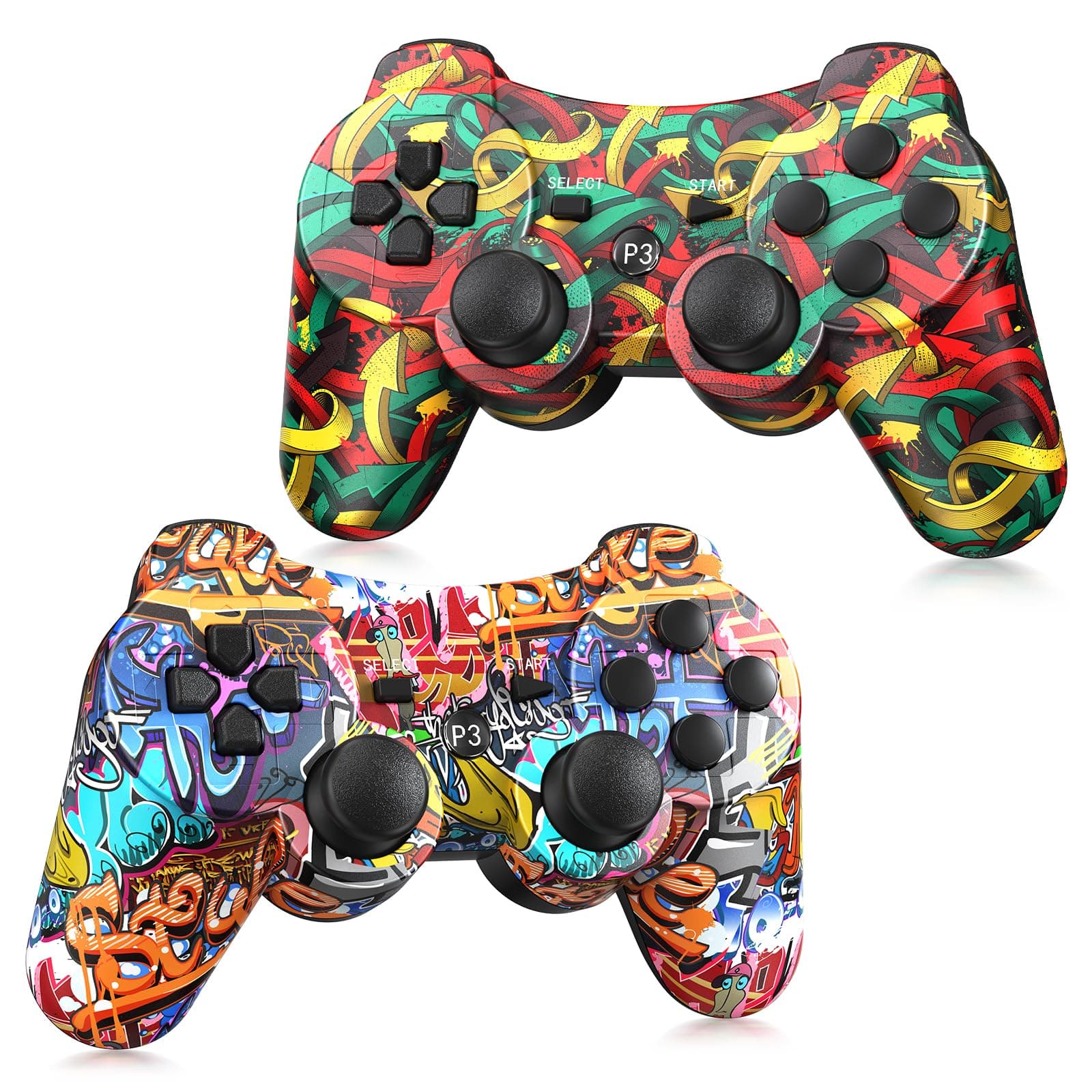 Yinjie 2 Pack Wireless Controller for PS3, Compatible with Playstation 3, with 2 Charging Cables - Graffiti