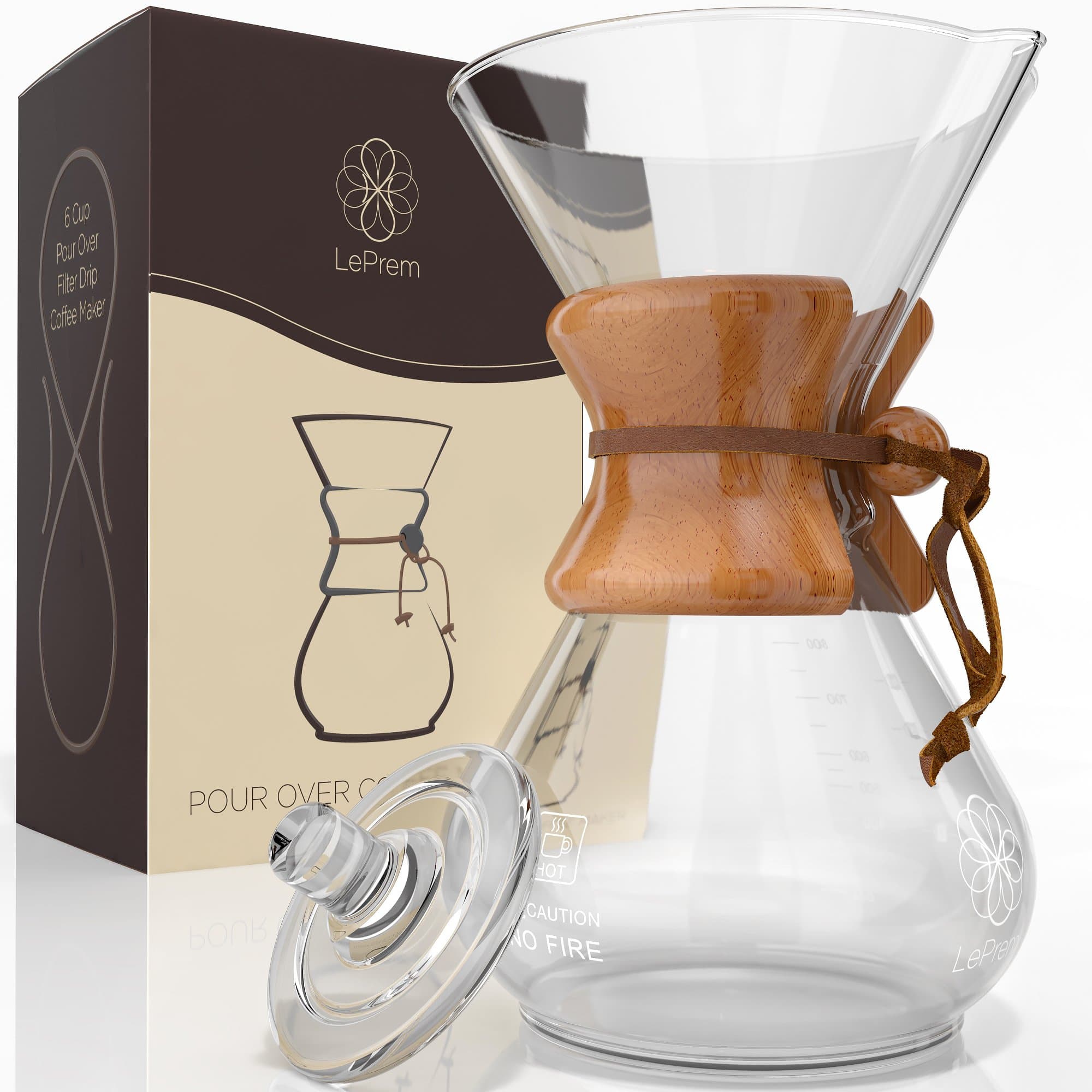 Pour Over Coffee Maker | Classic Hand Drip Brewer for Paper Filter | Hand Crafted Strong Borosilicate Glass with Lid, Easy Clean and Better Coffee