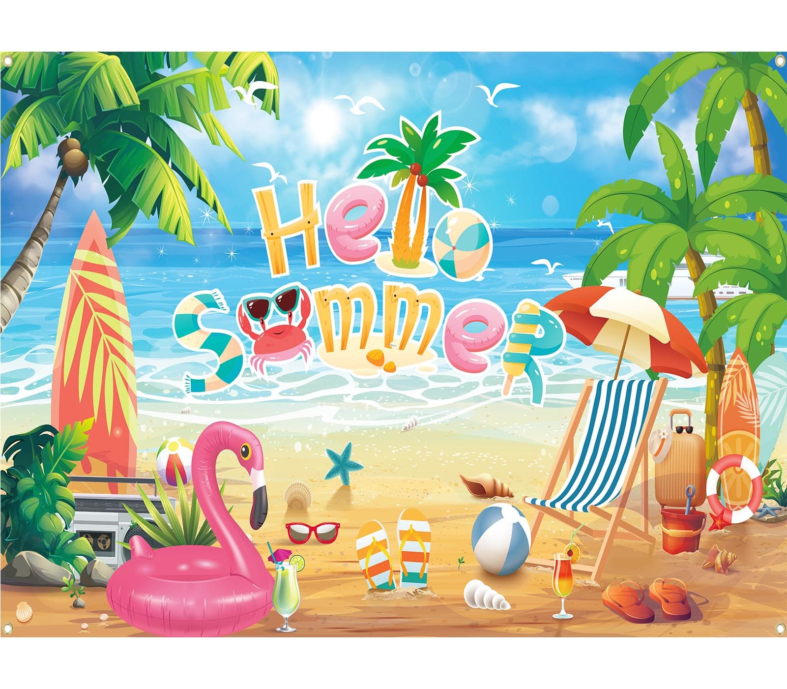 Hello Summer Beach Photo Backdrop, Schools Out for Summer Backdrop, End of School Year Party Decorations, 71 x 43 Inch