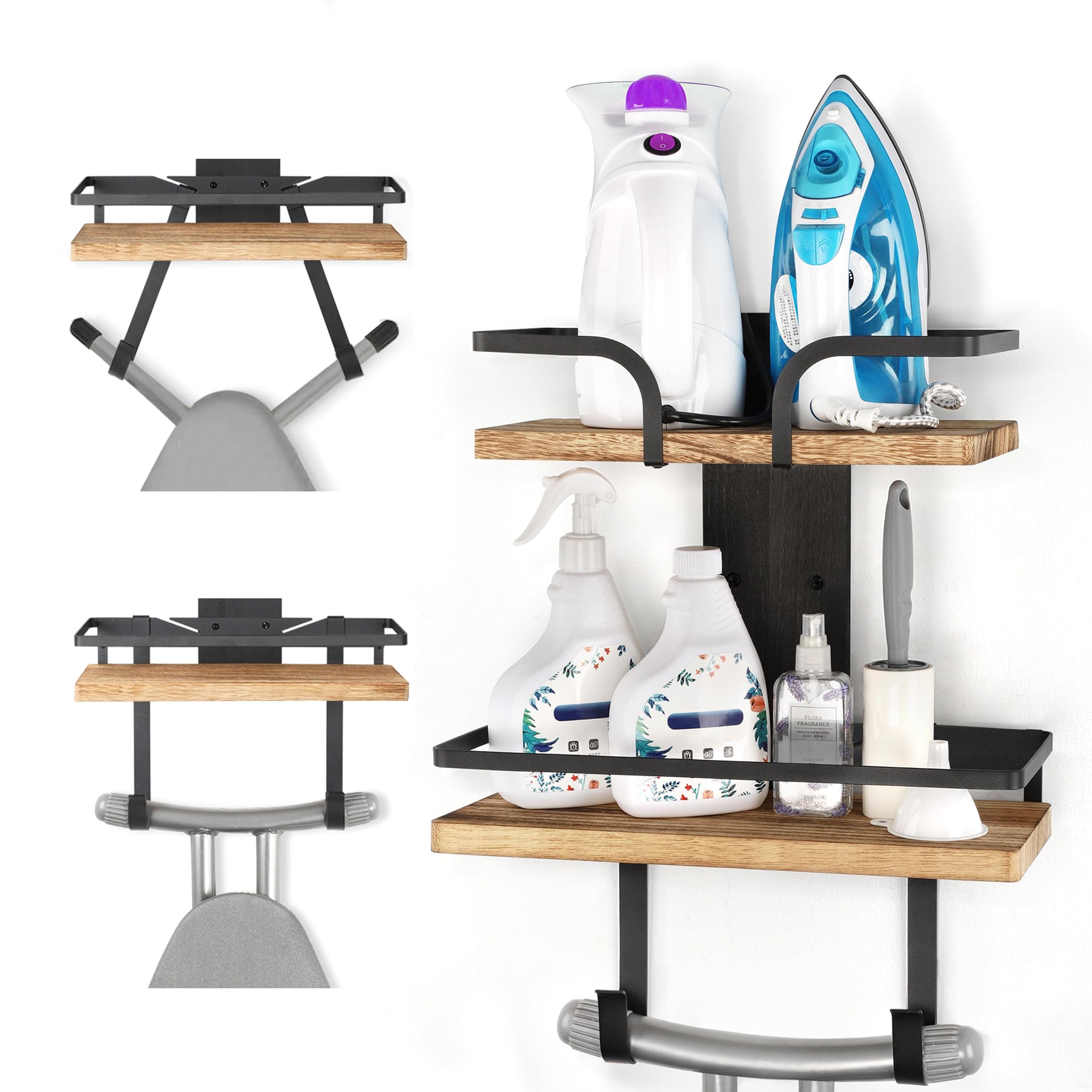 VINAEMO Ironing Board Hanger Wall Mount, 2-Layer Iron and Ironing Board Holder, Laundry Room Shelves Solid Wood with Removable Hooks Home Organization and Storage Carbonized Black