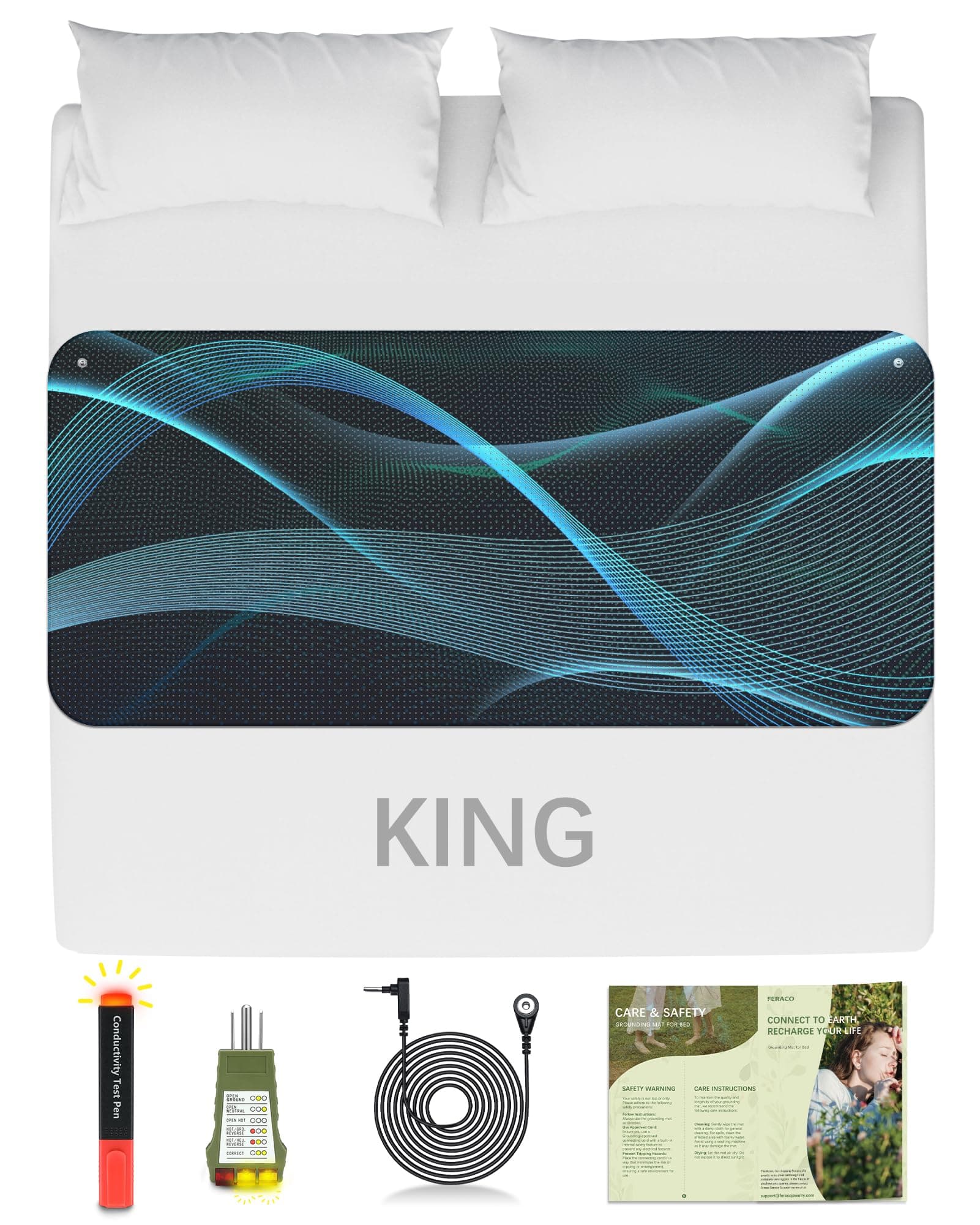 Feraco Grounding Mat for Bed, Grounding Pad Kit for Sleeping & Overall Well-Being with Cord & Tester (King, 27" x 76")