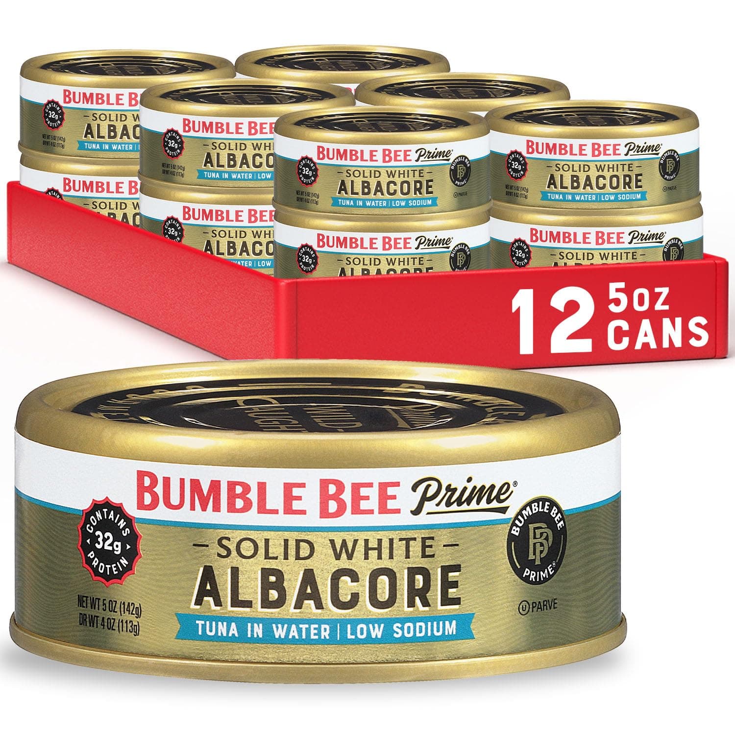 Bumble Bee Prime Low Sodium Solid White Albacore Tuna in Water, 5 oz Easy Open Cans (Pack of 12) - Premium Wild Caught Tuna - 32g Protein per Serving - Non-GMO Project Verified, Gluten Free, Kosher