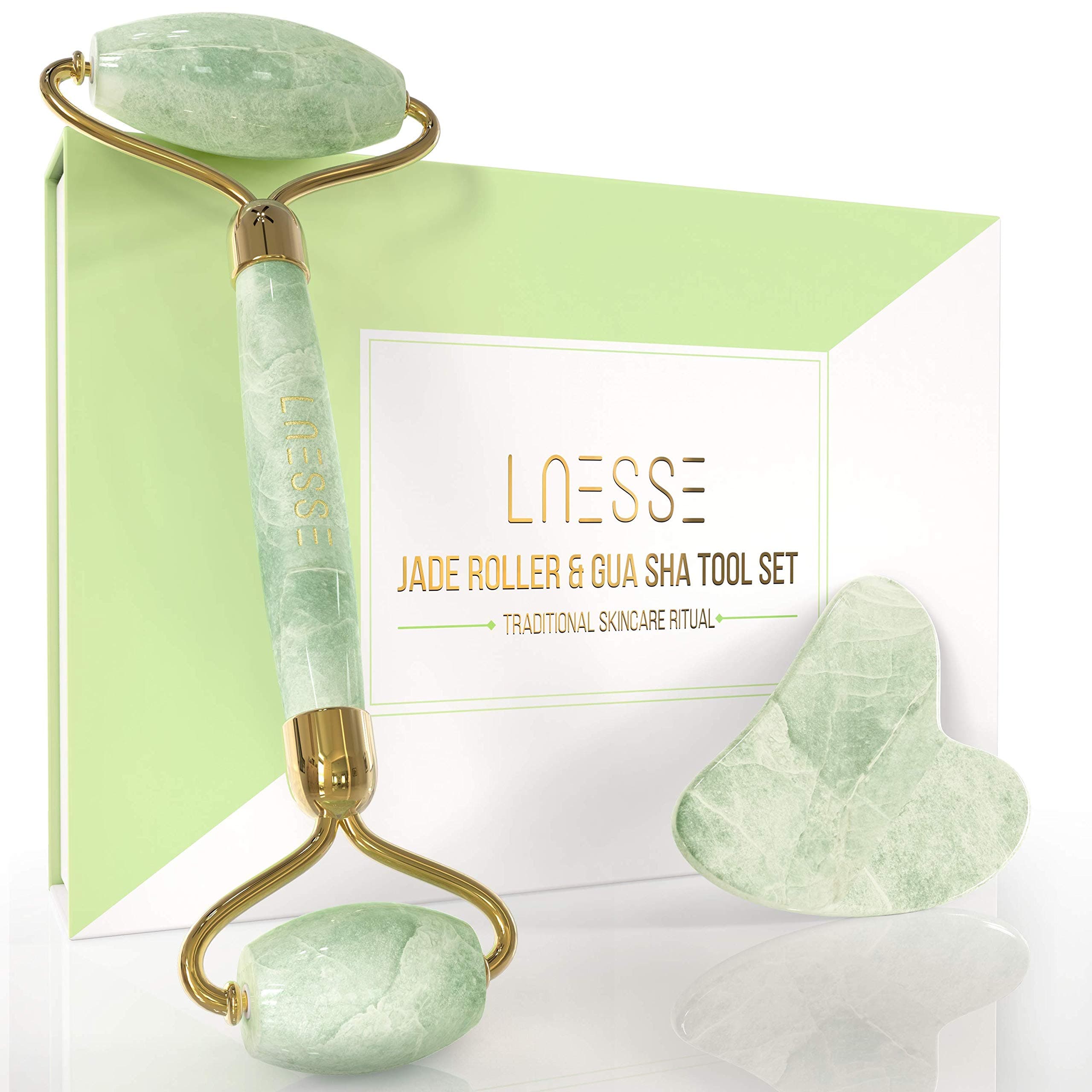 LNESSE Jade Face Roller and Gua Sha Massage Tool Set - Facial Massager Beauty Tools Perfect for Glowing Skin, Face Toning, Eye Depuffing and Anti Aging - Noise Free