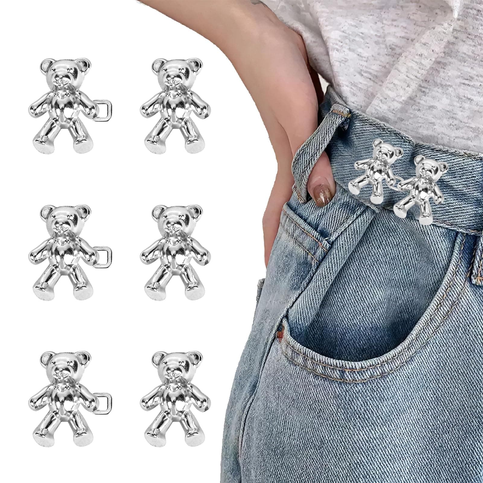 3 Sets Cute Bear Button Pins for Jeans Adjustable Waist Tightener Buckle Extender for Loose Women Skirt Jeans No Sew No Tools Instant Pant Replacement Pant Clips Silver