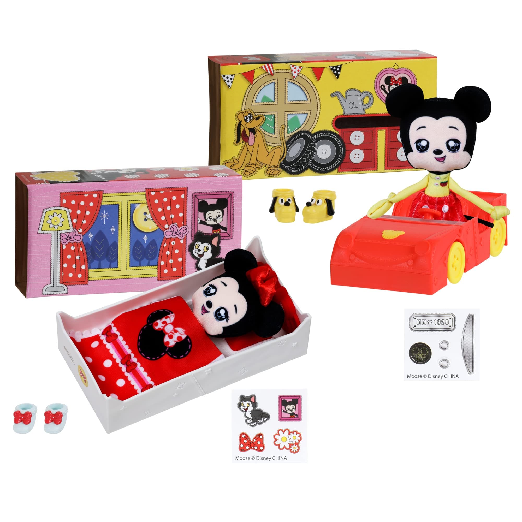 6" Soft Rag Doll Amazon Exclusive Bundle Pack – 2pc Toy | Classic Minnie Mouse Doll and Bedtime Playset Plus Classic Mickey Mouse and Car Playset