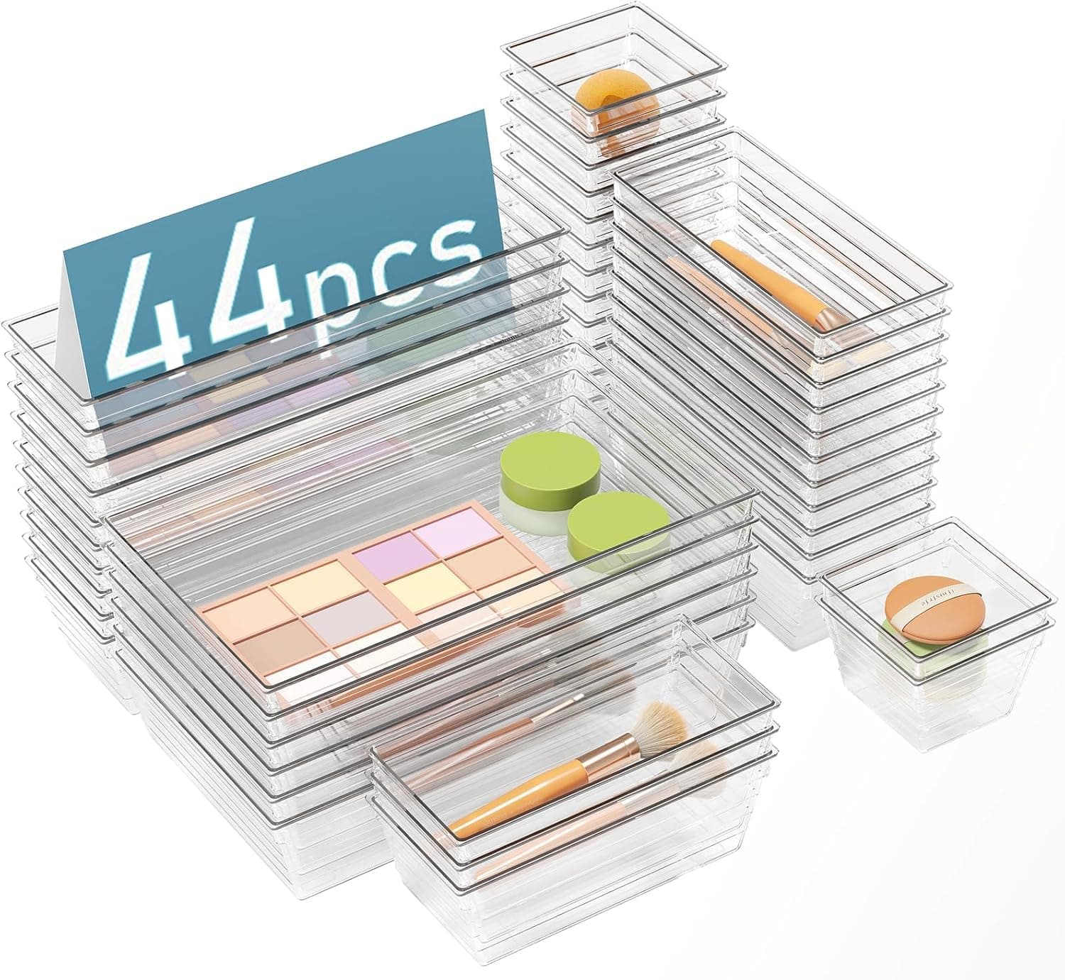 Premify 44 Pcs Clear Plastic Drawer Organizers, 4 Size Large Storage Organiser Set for Kitchen, Organizers Divider Trays for Bathroom, Makeup, Fridge Organiser, Bedroom, Office, Utensils, Jewelries