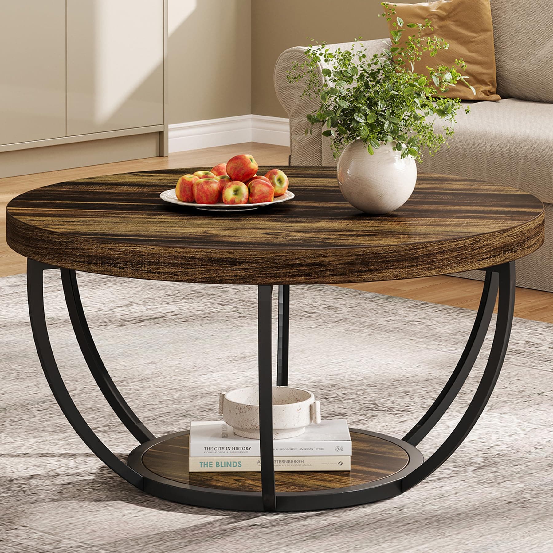 Tribesigns Round Coffee Table, Industrial 2-Tier Circle Coffee Table with Storage Shelves, Modern Wooden Accent Center Table Sofa Side Table for Living Room, ‎‎‎Rustic Brown and Black