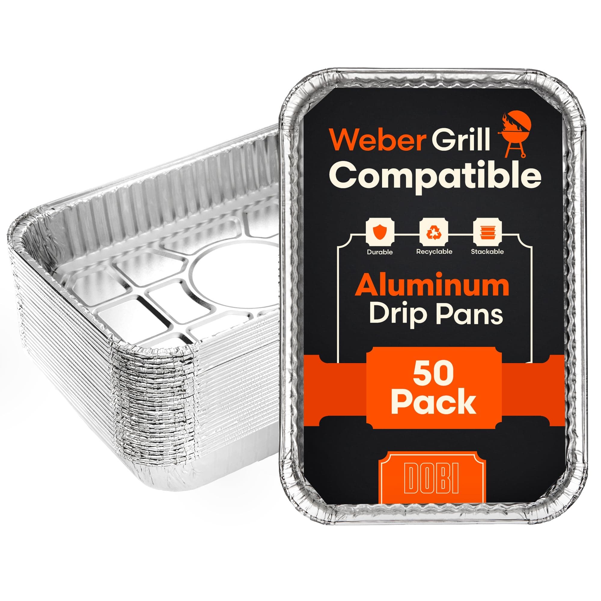 [50-Pack] Weber Grills Compatible Drip Pans, Bulk Package, Aluminum Foil BBQ Grease Pans for Easy Drain Management of Weber Grills - 8 1/2" x 6"