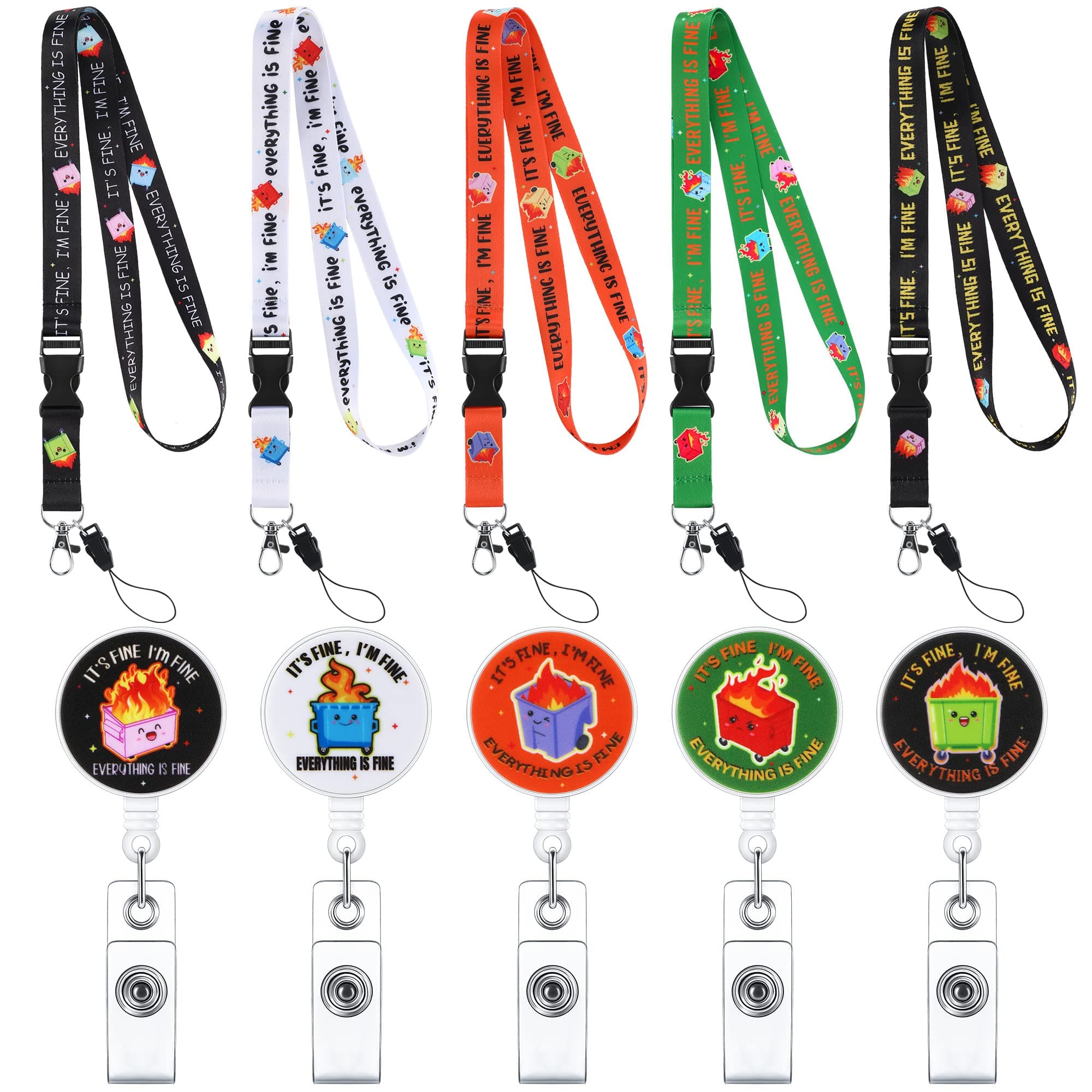 5 Pack Dumpster Fire Badge Reels Retractable Dumpster Fire Detachable Lanyard I'm Fine It's Fine Everything is Fine Funny Badge Reel for Nurse Nursing Doctor Teacher Medical Office Worker
