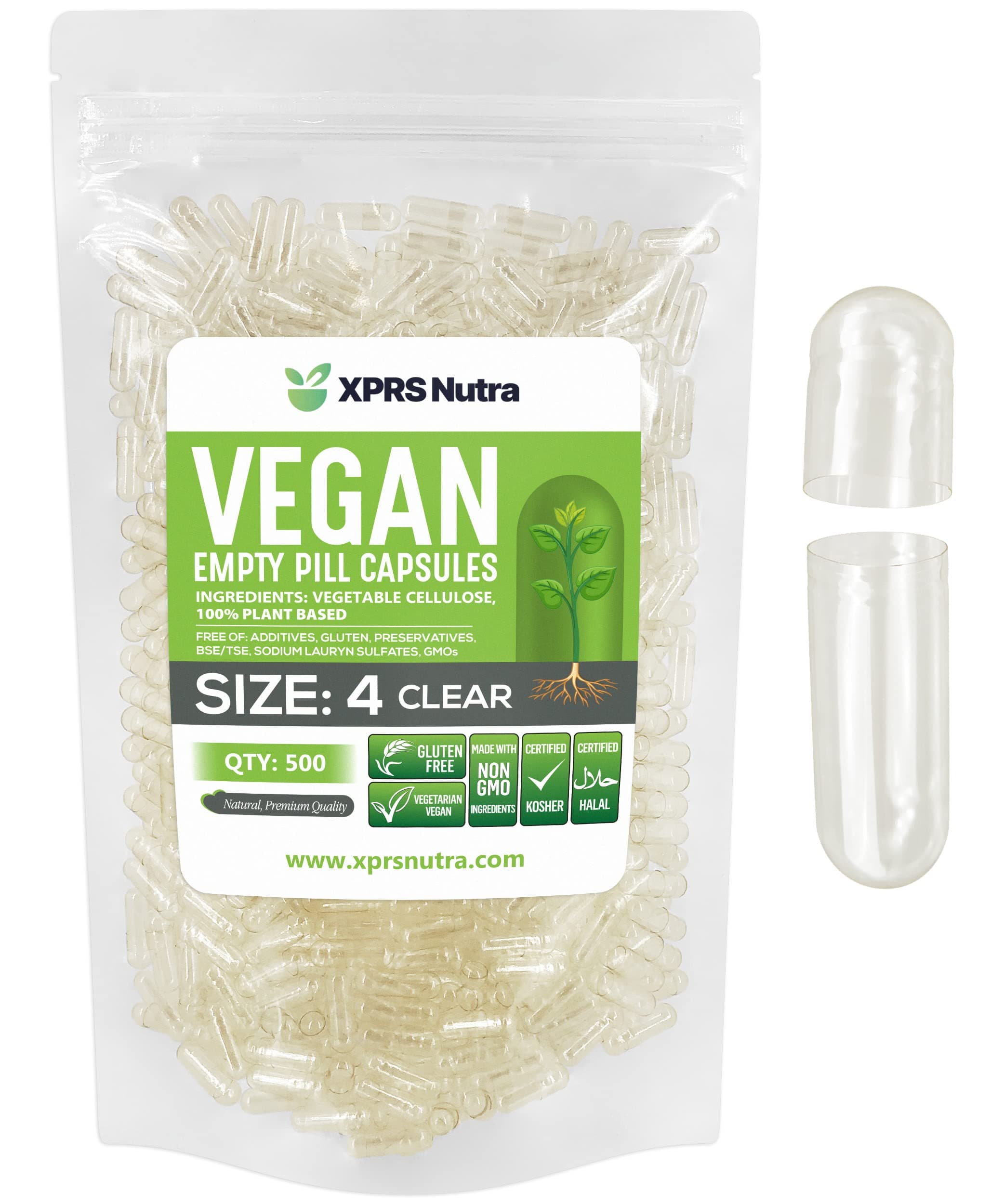 Size 4 Clear Empty Vegan Capsules 500 Count - Kosher and Halal - Vegetarian/Vegetable Pill Capsule - DIY Powder Filling