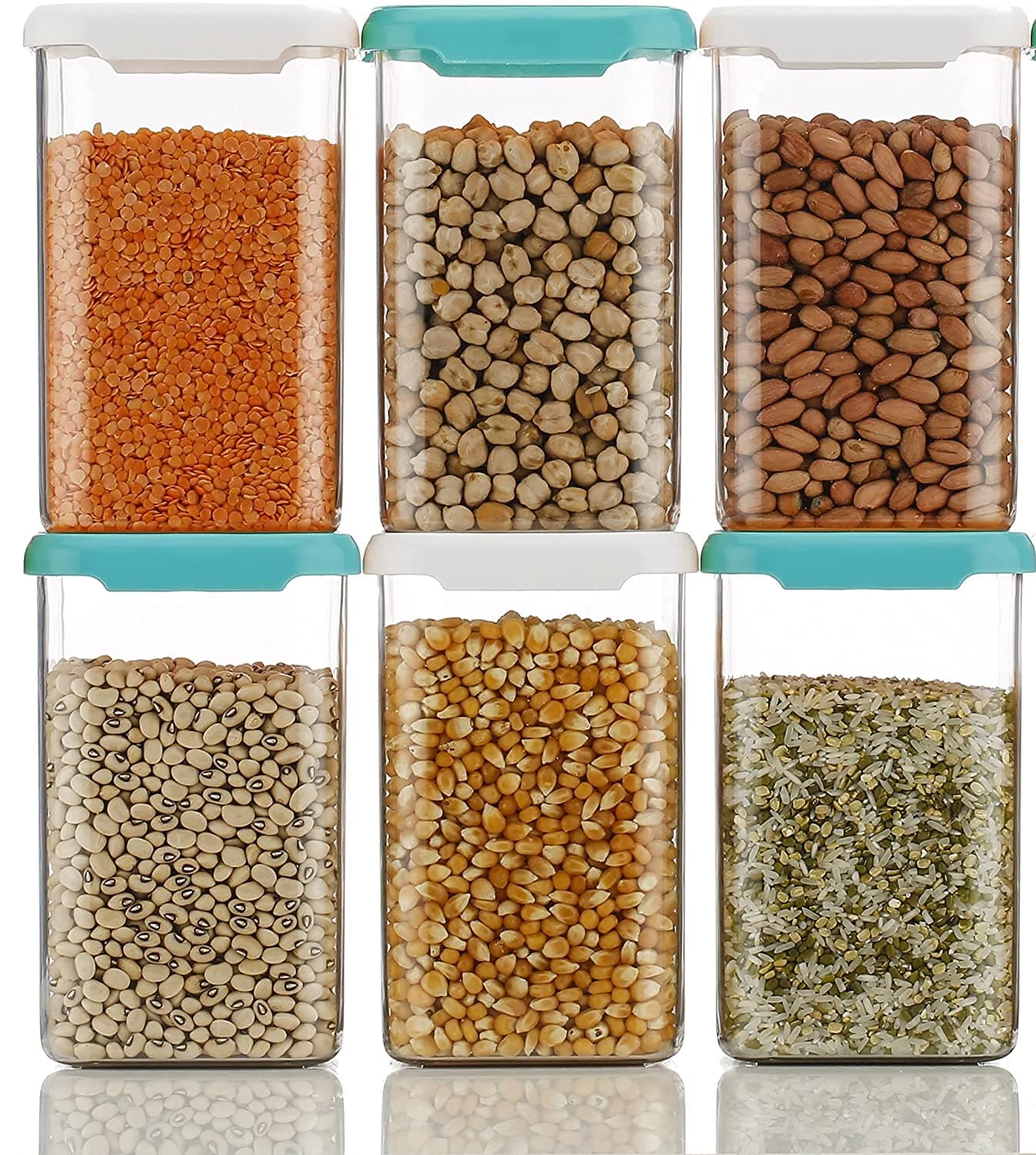 Cloudhead Airtight Unbreakable Crystal Clear Square Container Set For Kiitchen Storage, kitchen dabba box, grocery jars-1200 ml (SET OF 6, SEA GREEN+WHITE)