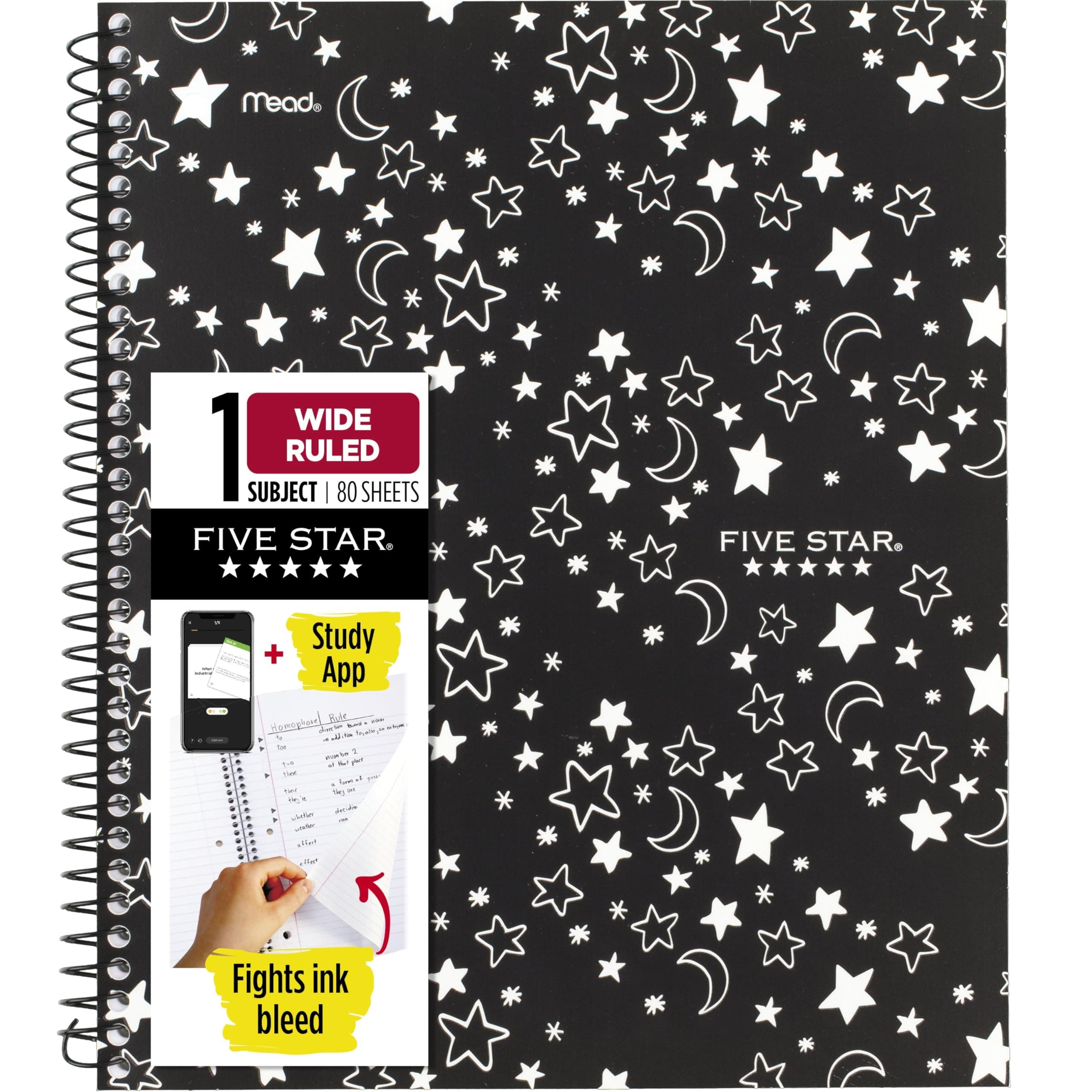 Five Star Spiral Notebook + Study App, 1 Subject, Wide Ruled, 8" x 10-1/2", 80 Sheets, Fights Ink Bleed, Water Resistant Cover, Black Stars Glow in the Dark (930020F)