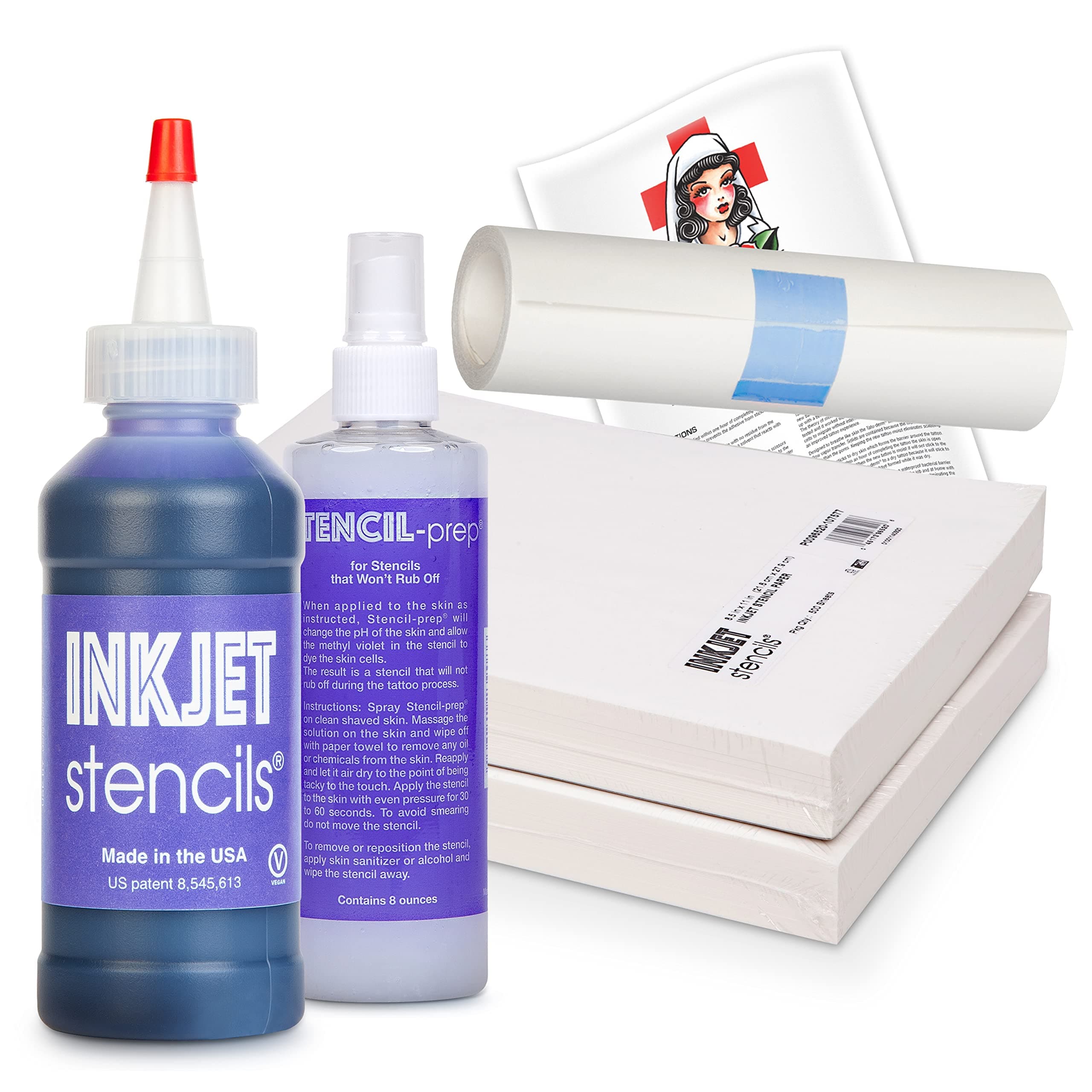 InkJet Stencils® Starter Kit - Complete Tattoo Stencil System with InkJet Stencils® Ink, 8.x11" Stencil Printing Paper 1000ct, Stencil-prep® Spray for Better Stencil Transfer & Tatu-derm® Roll