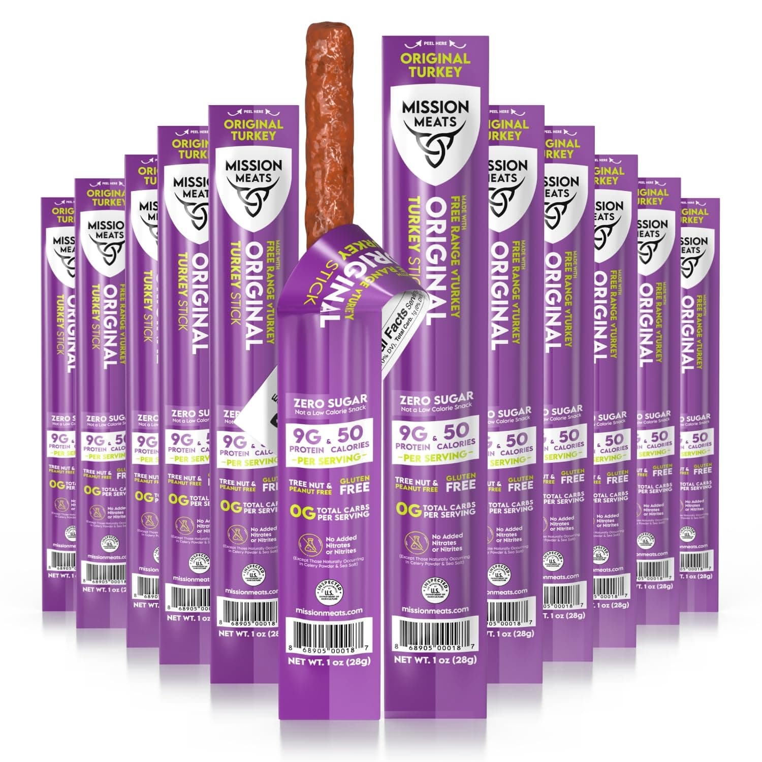 Mission Meats Turkey Sticks, 100% Free Range Turkey Jerky, Zero Sugar, Delicious Healthy Snacks, 9g Protein, Individually Wrapped, Gluten Free, Original 1oz (12ct)